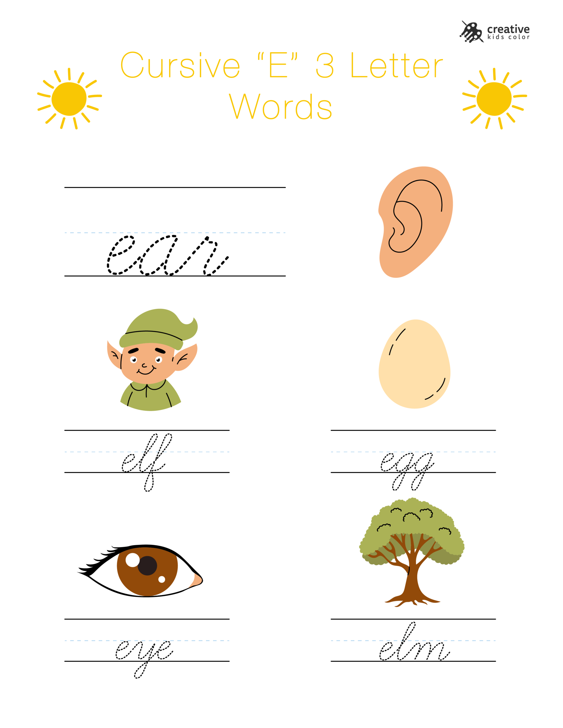Cursive E worksheet with three letter words starting with E to enhance writing and reading skills.