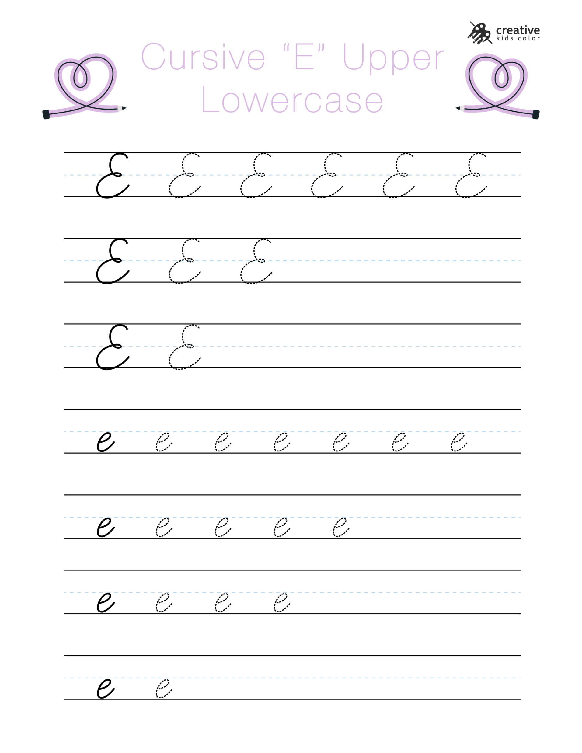 Cursive E worksheet showing uppercase and lowercase E for writing and tracing improvement.