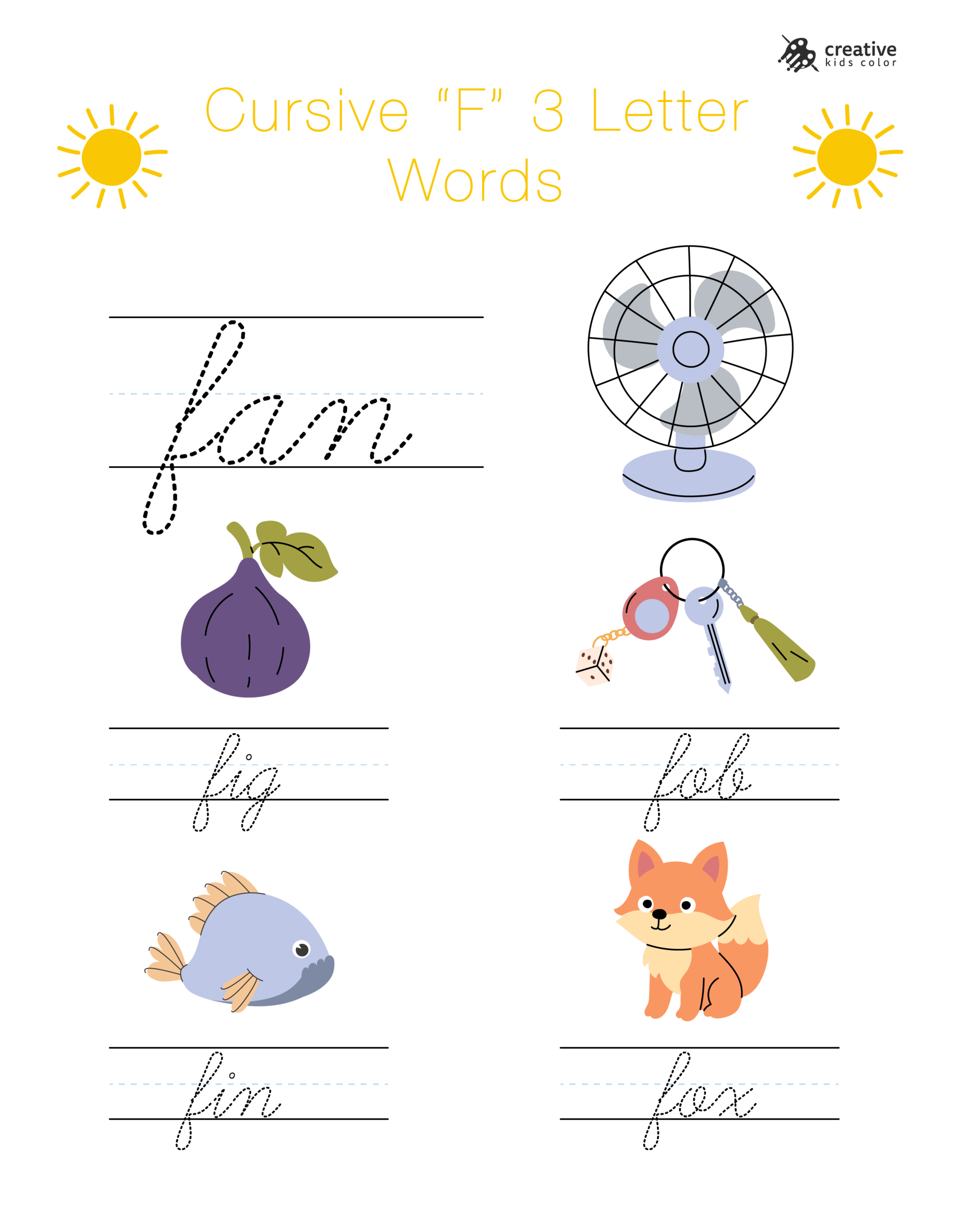 Cursive F Worksheet With Three Letter Words Beginning With F For Cursive Writing Exercises.
