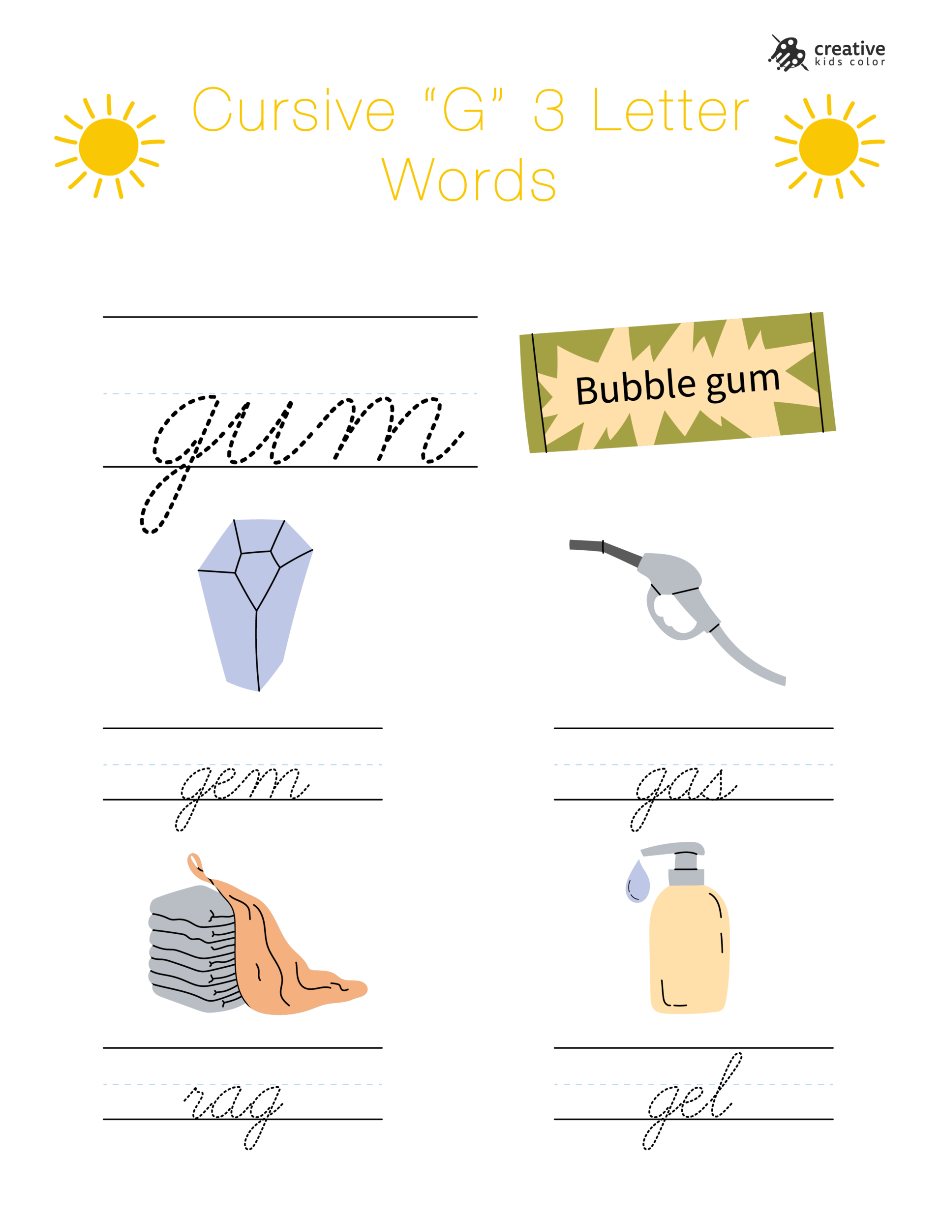 Cursive G Worksheet Featuring Easy Three Letter Words Starting With G For Writing Practice.