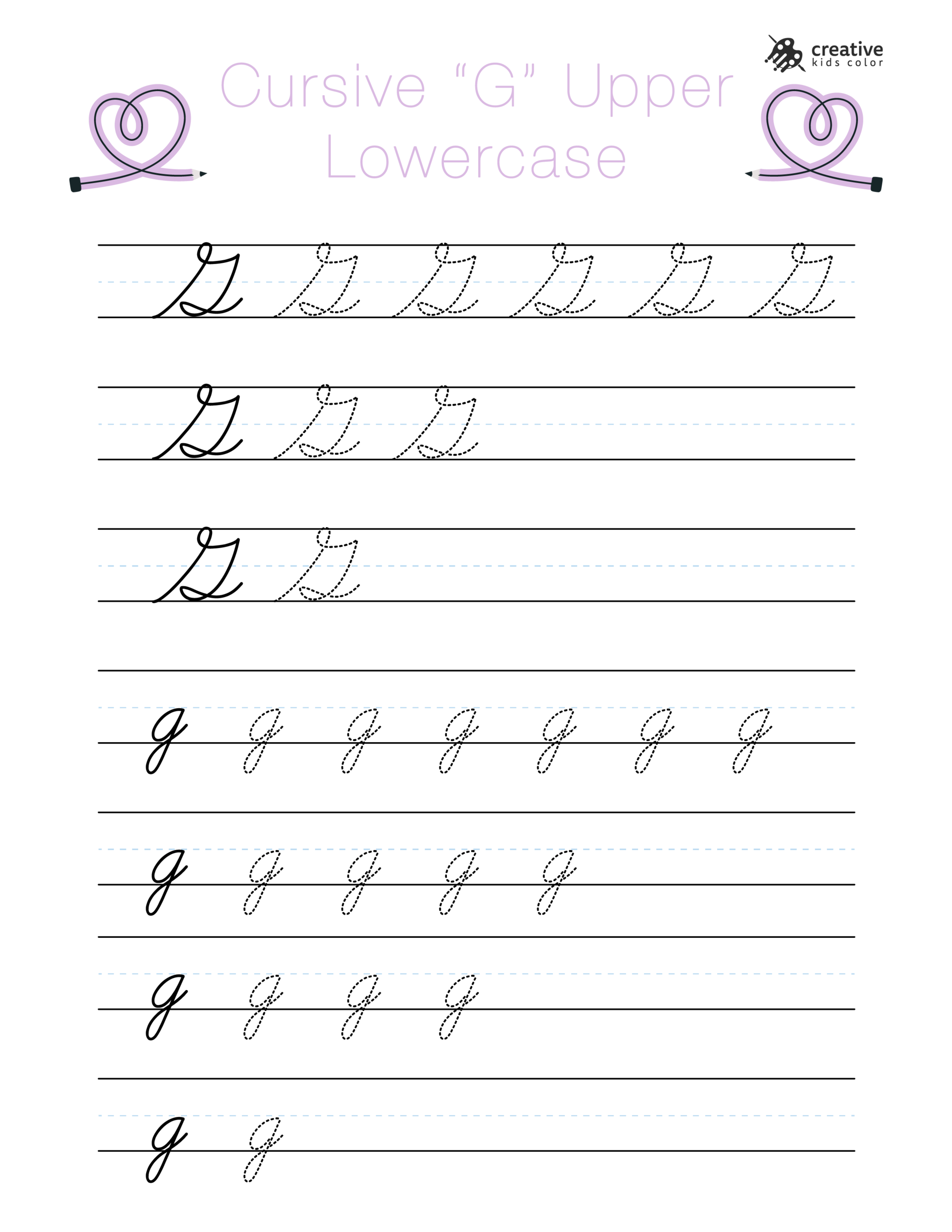 Cursive G Worksheet With Uppercase And Lowercase G For Handwriting Improvement.