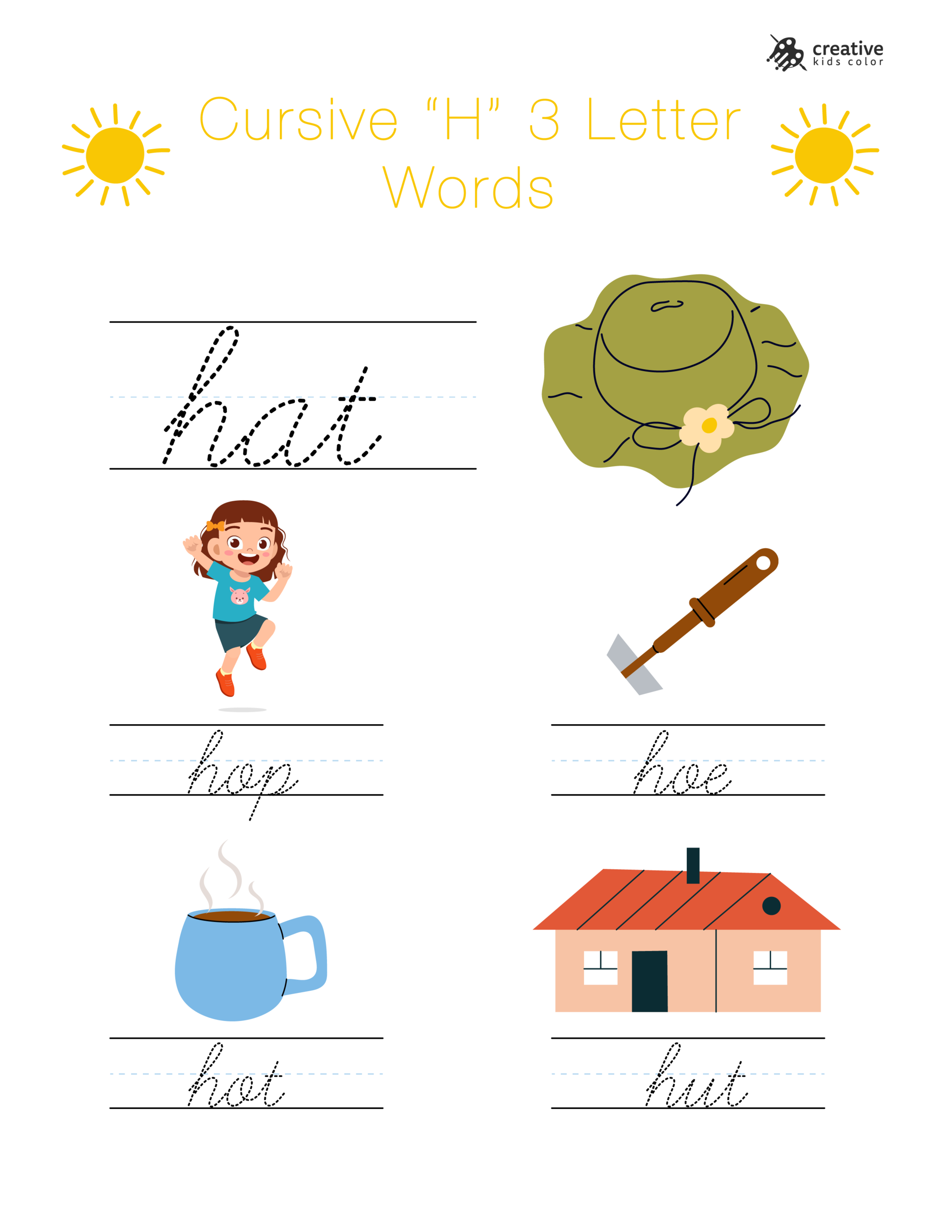Cursive H Worksheet With Simple Three Letter Words Beginning With H For Spelling And Writing.