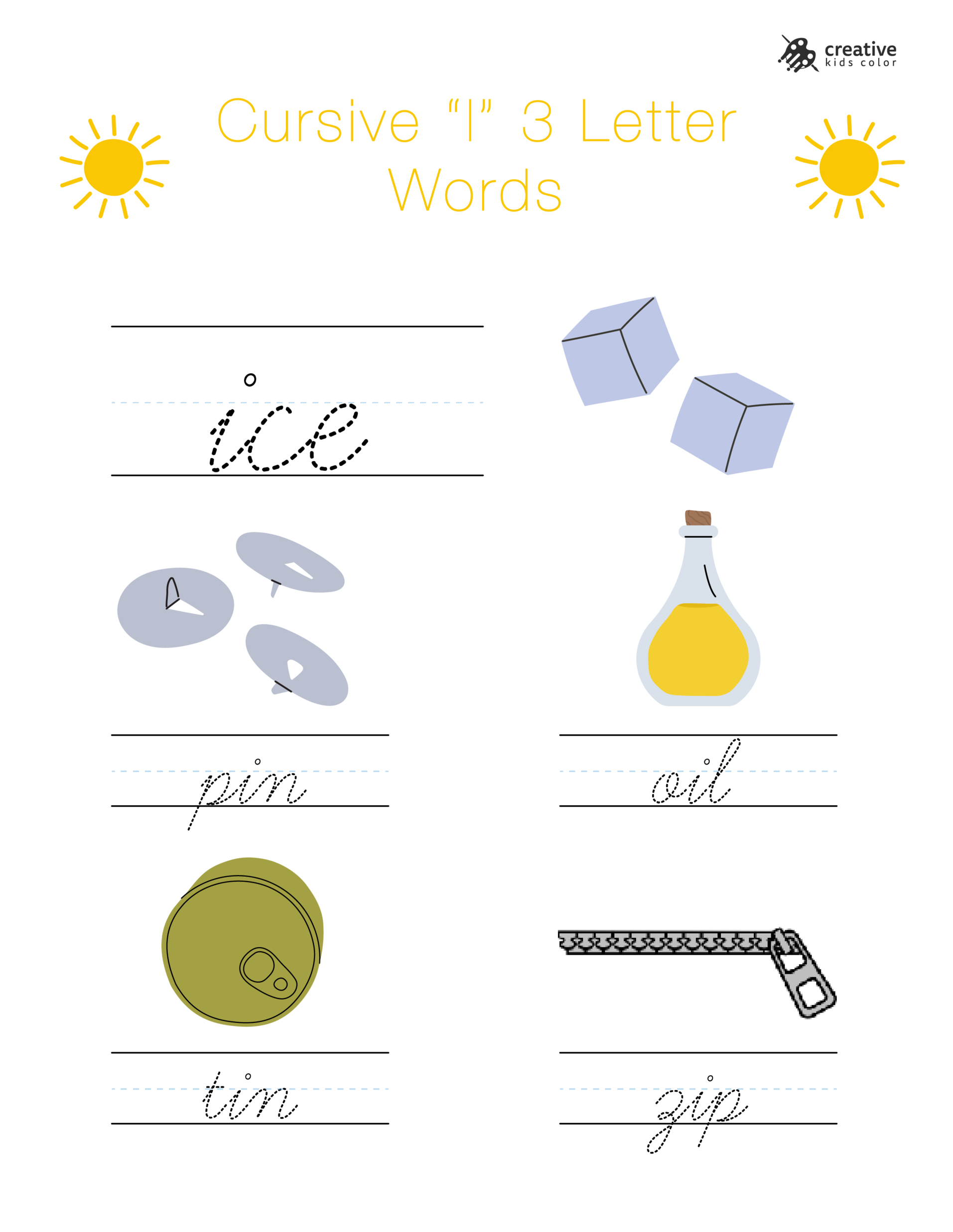 Cursive I worksheet with three letter words starting with I to improve spelling and writing.