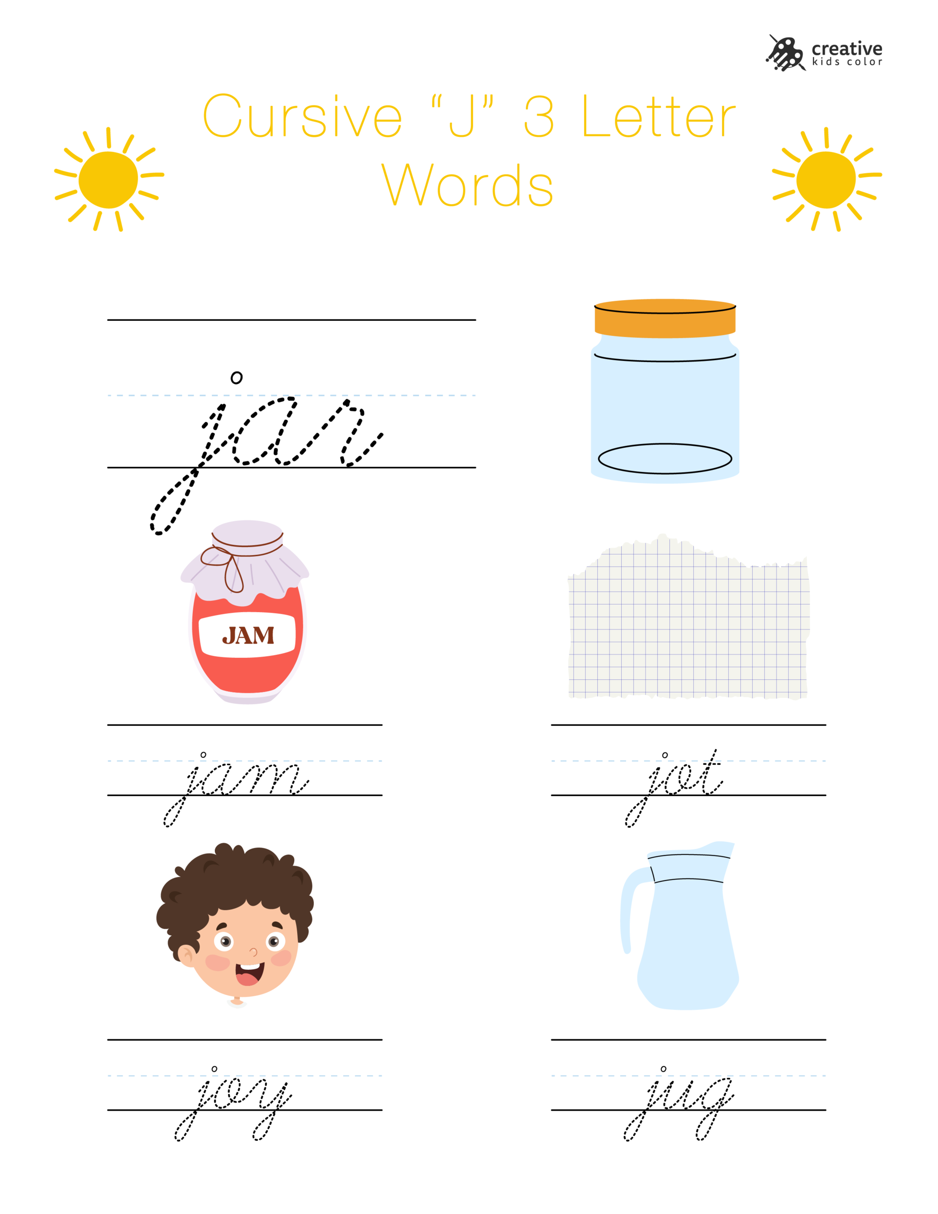 Cursive J Worksheet Featuring Short Three Letter Words Starting With J For Learning Cursive.