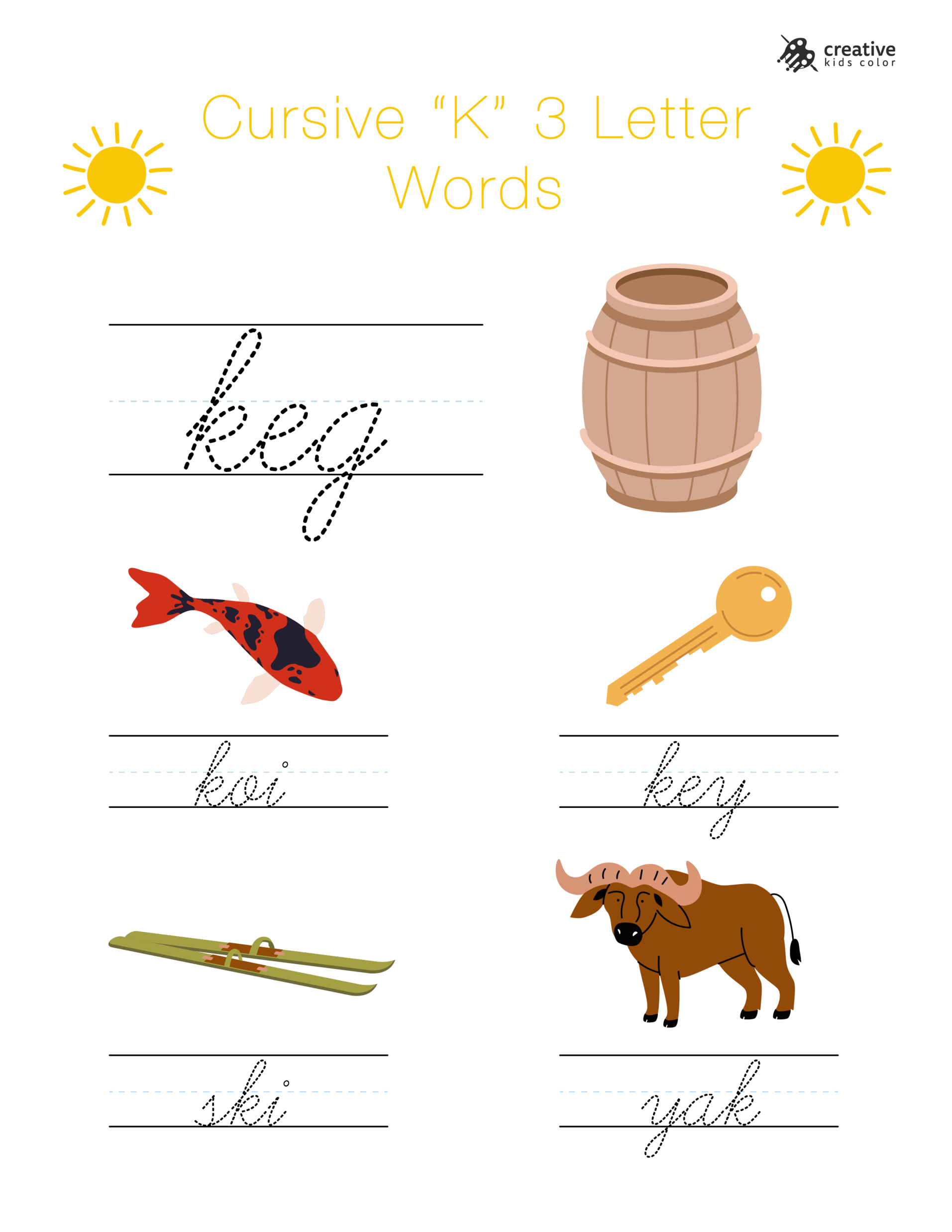 Cursive K Worksheet With Simple Three Letter Words Beginning With K For Writing Practice.