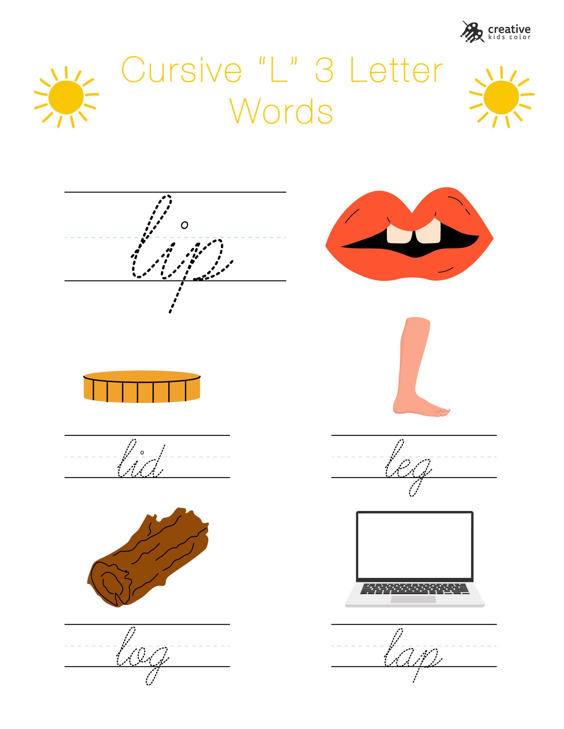 Cursive L Worksheet Featuring Easy Three Letter Words Starting With L For Handwriting.