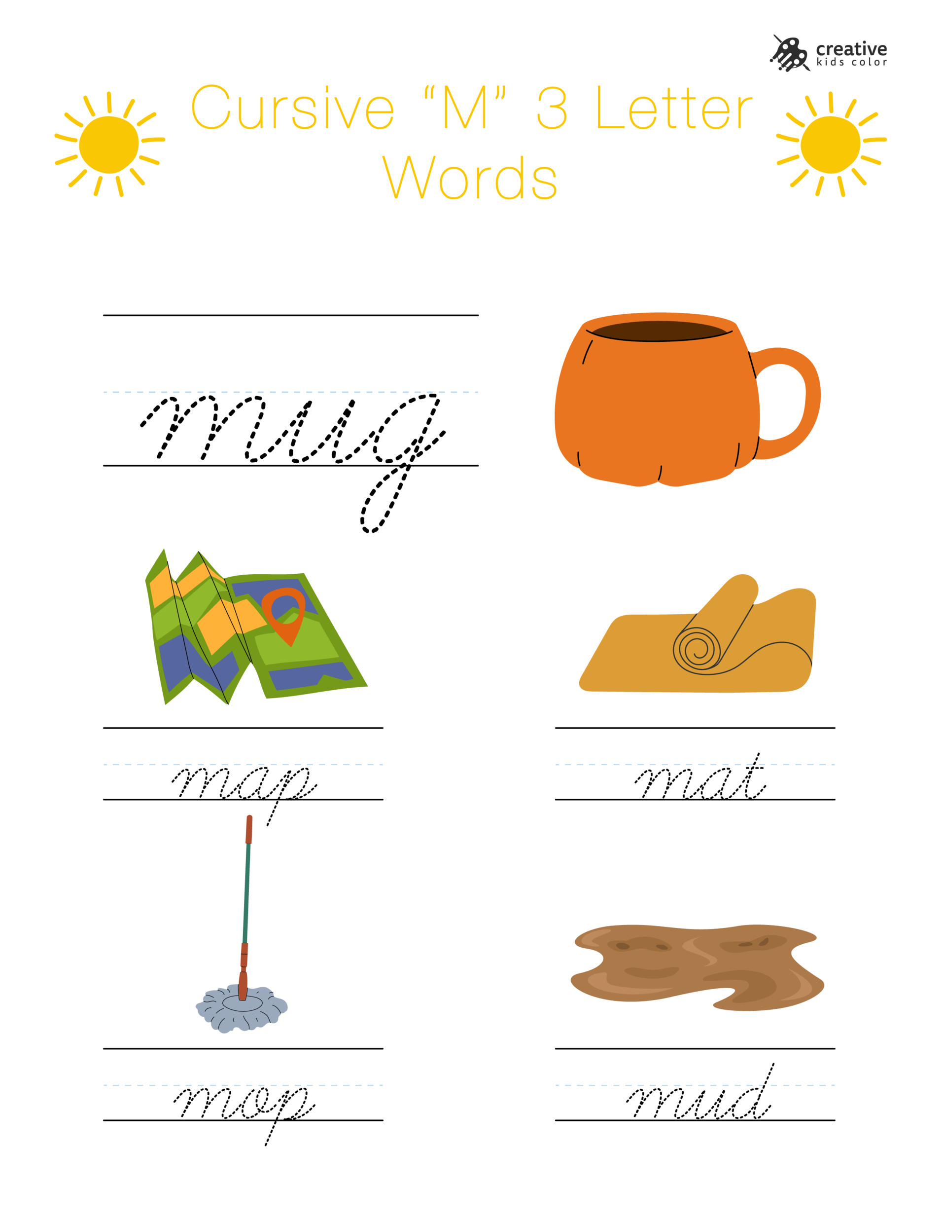 Cursive M worksheet with short three letter words starting with M for spelling practice.