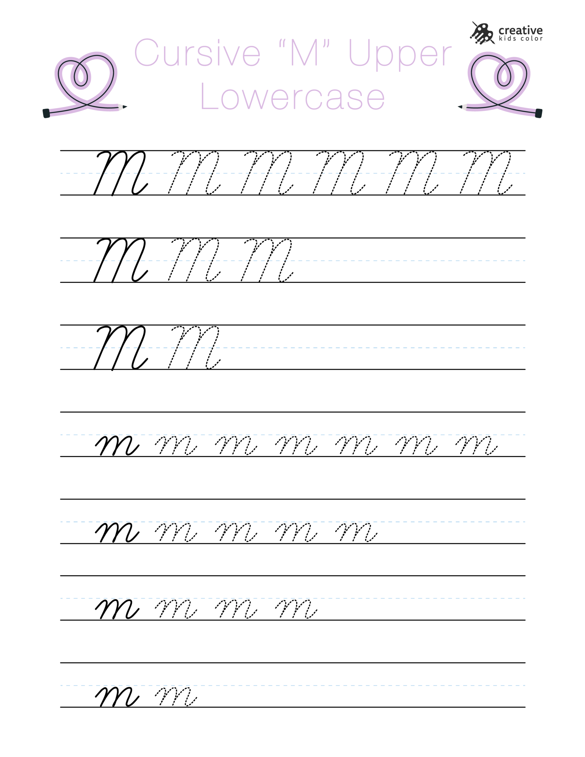 Cursive M worksheet showing uppercase and lowercase M for cursive writing practice.
