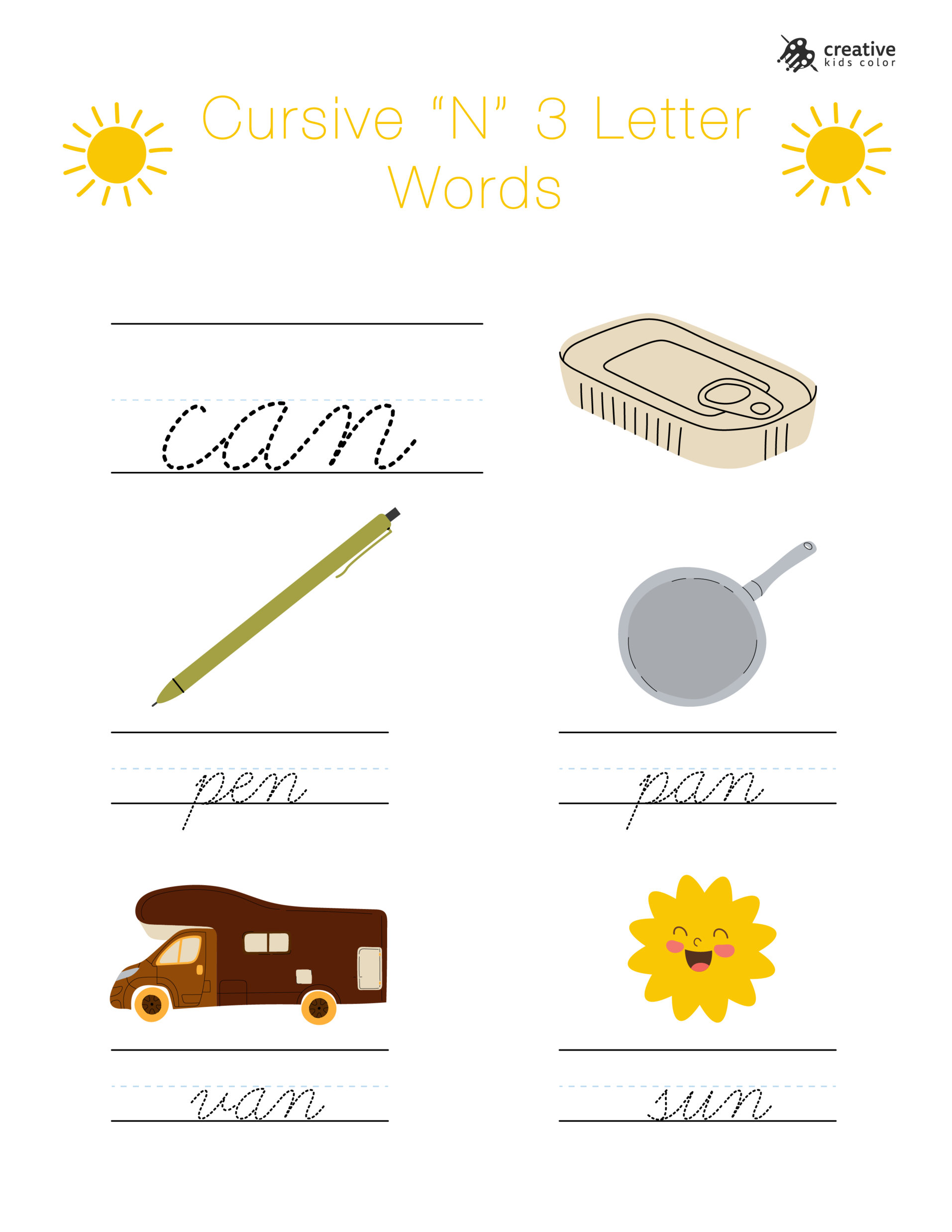 Cursive N worksheet with three letter words beginning with N to develop writing skills.