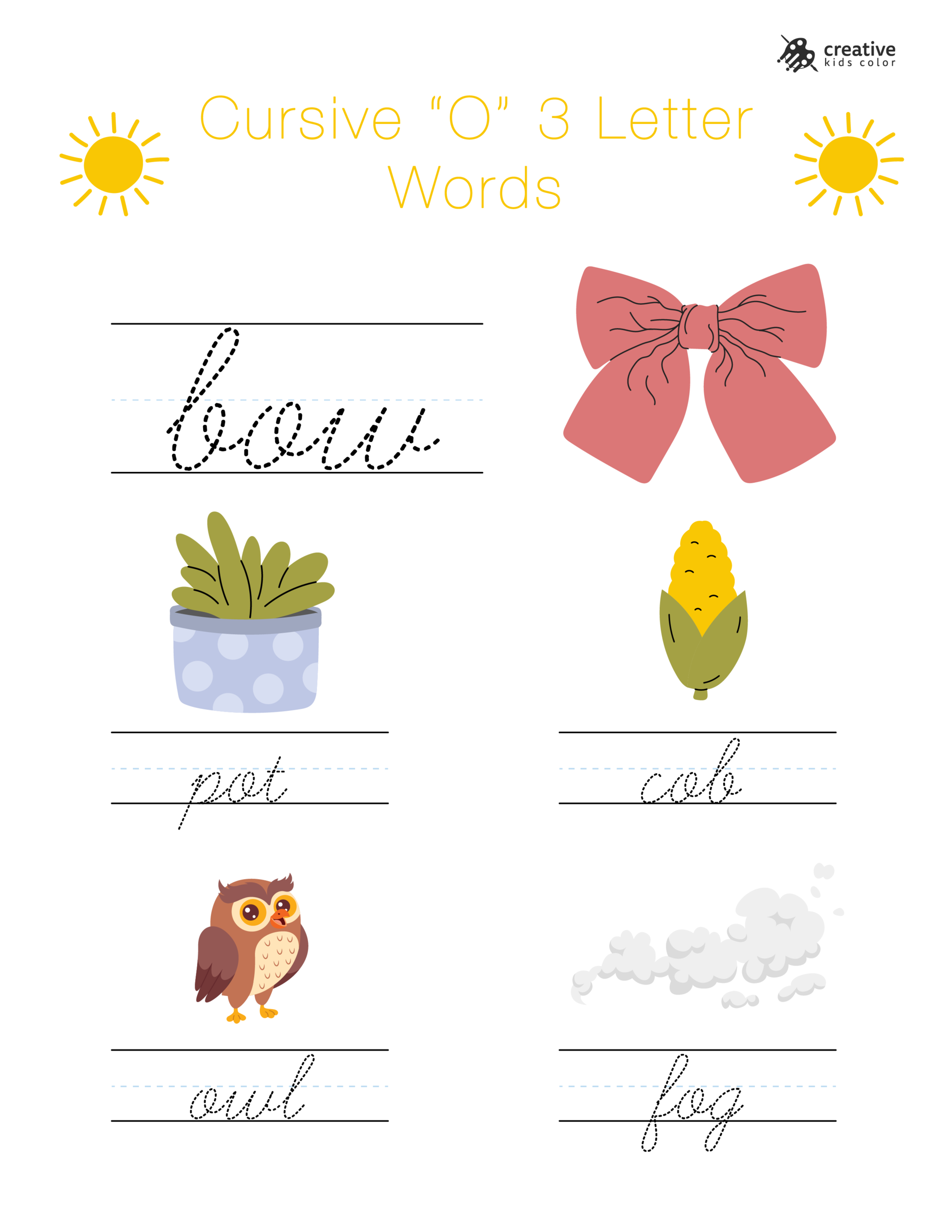 Cursive O Worksheet With Three Letter Words Starting With O To Build Writing Fluency.