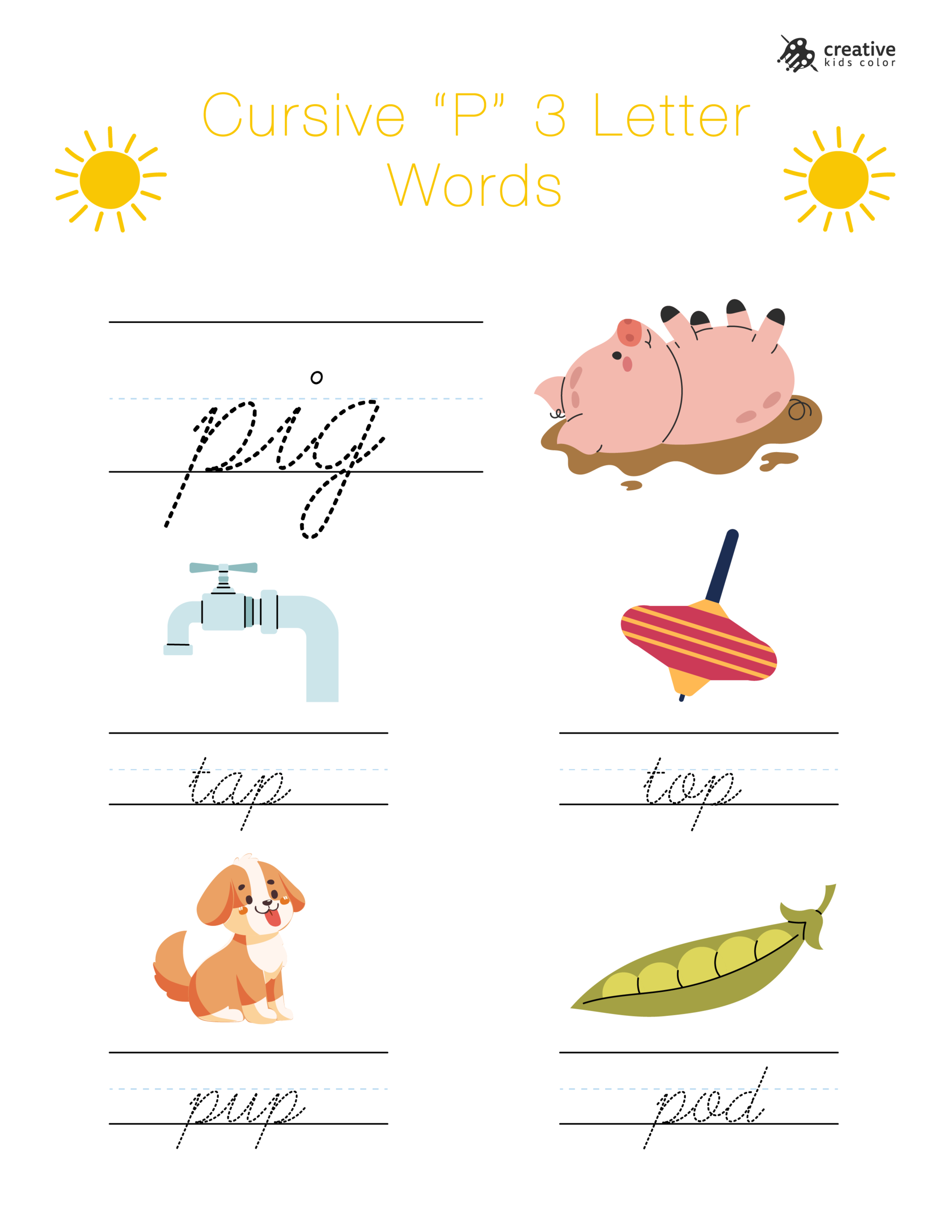 Cursive P worksheet featuring three letter words beginning with P for writing exercises.