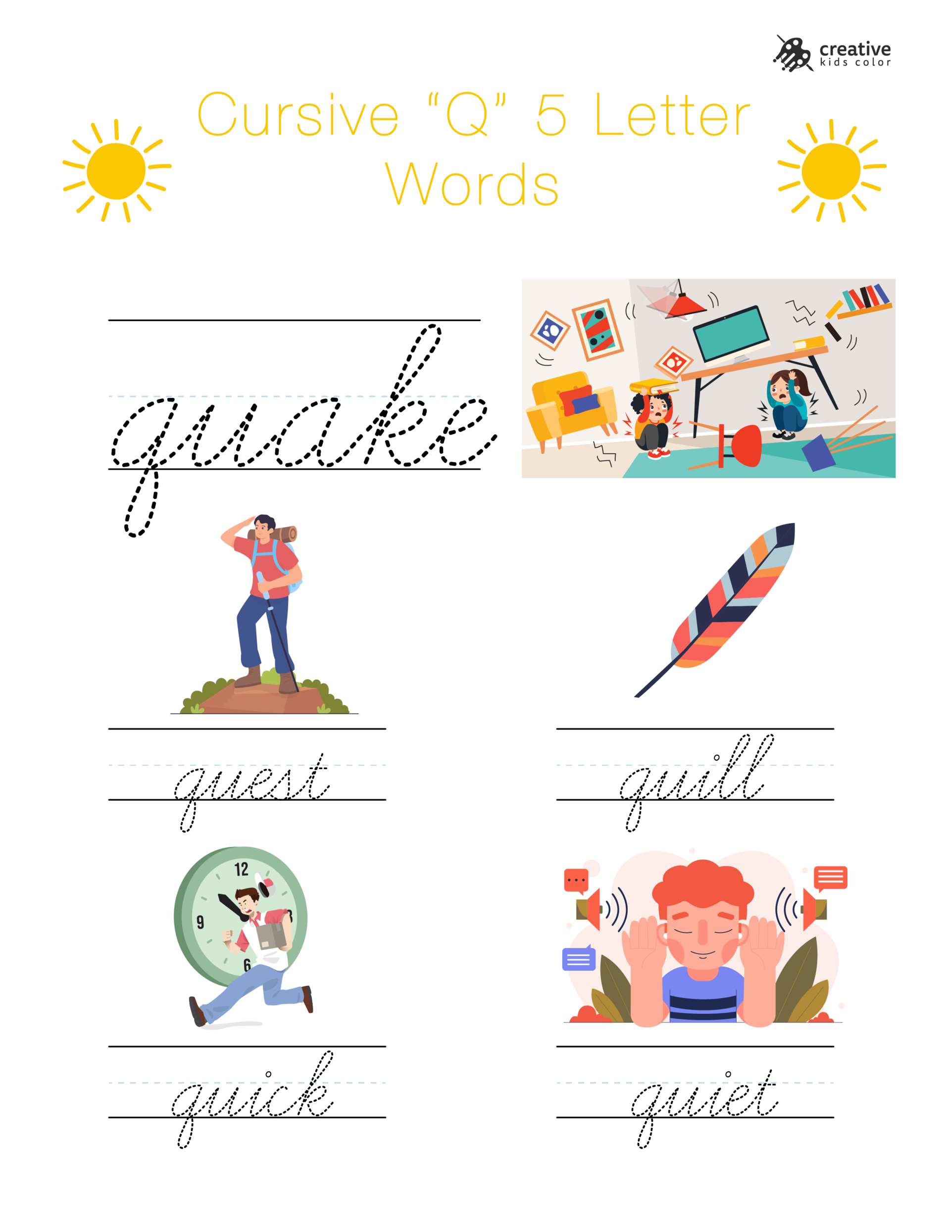 Cursive Q worksheet featuring five letter words beginning with Q for advanced writing.