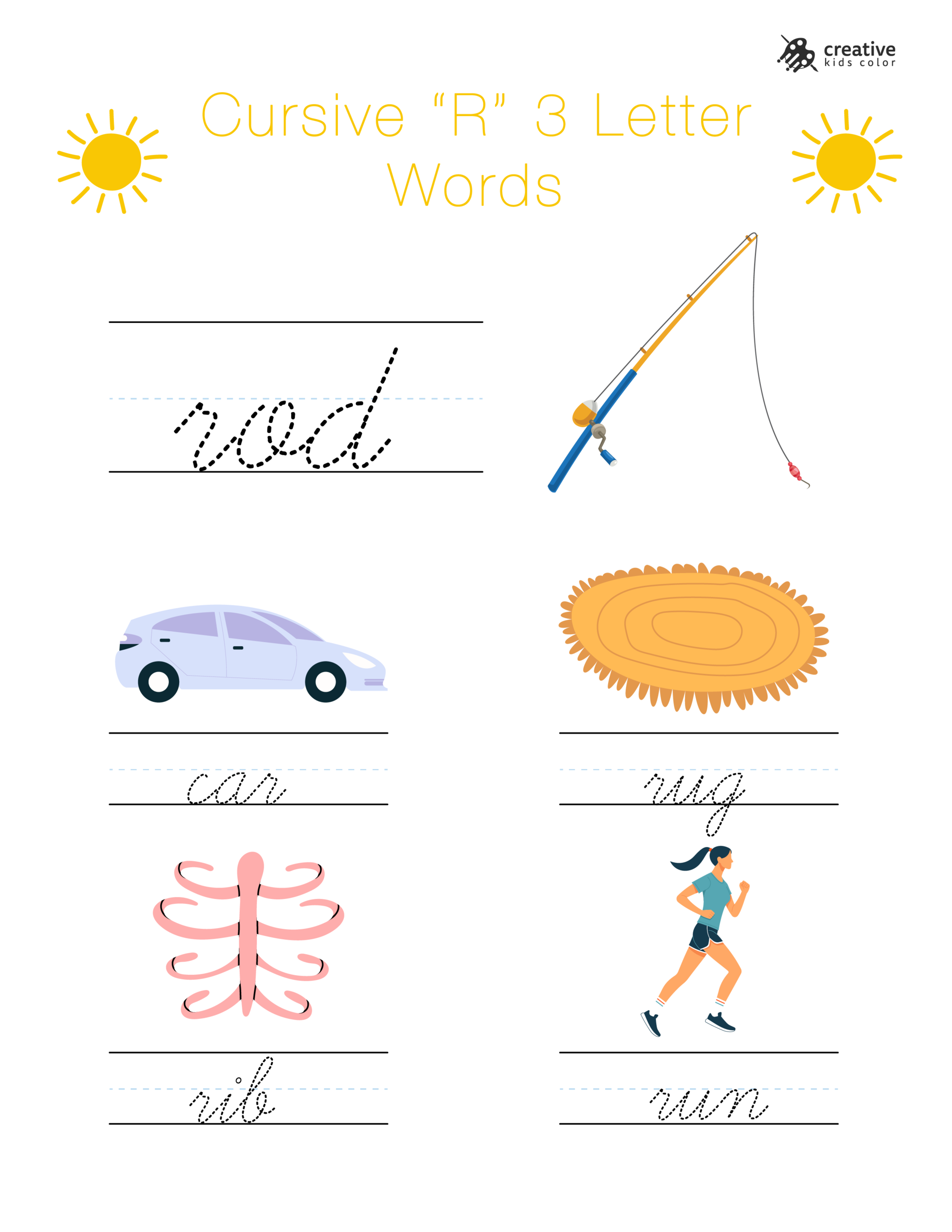 Cursive R worksheet with three letter words starting with R for writing exercises.