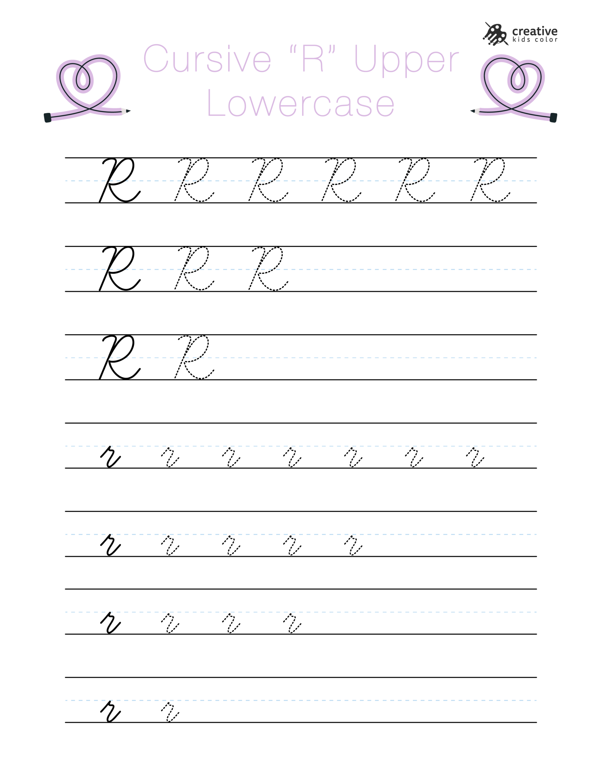 Cursive R worksheet showing uppercase and lowercase R for tracing and writing.
