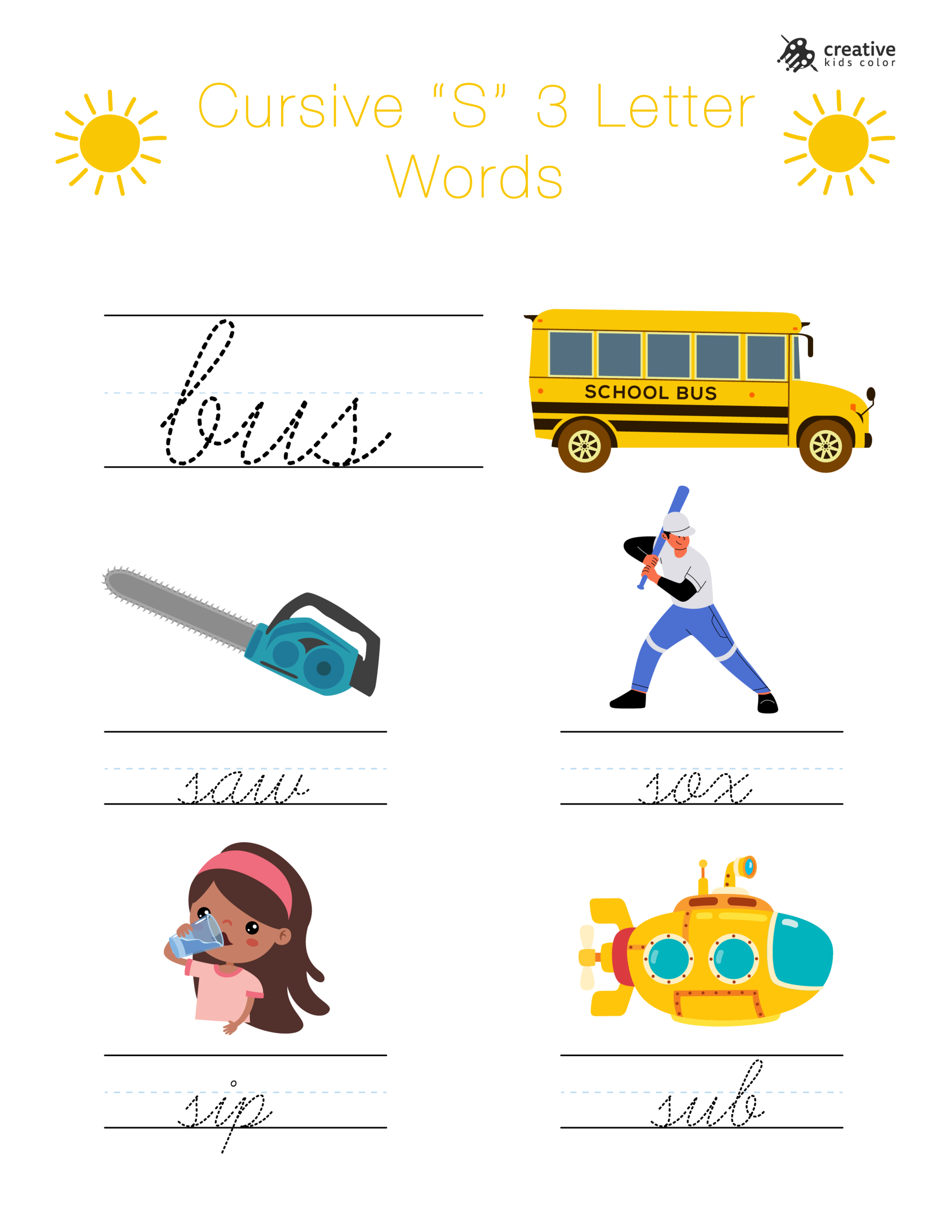 Cursive S Worksheet With Three Letter Words Beginning With S To Improve Handwriting.