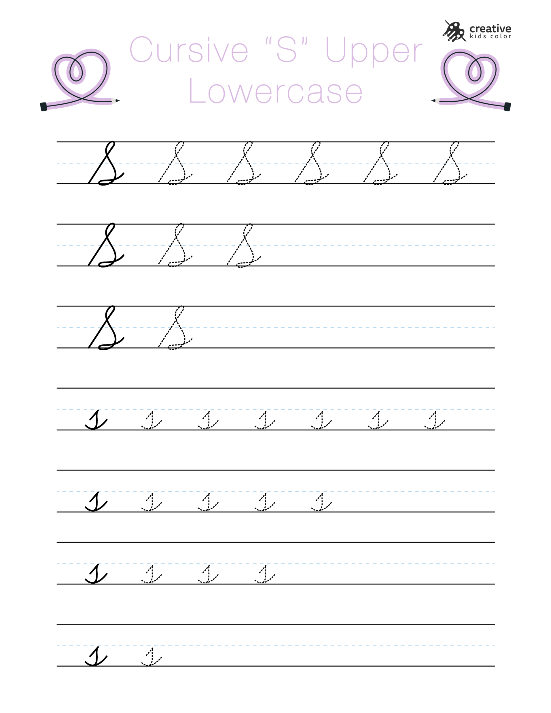 Cursive S Worksheet Showing Uppercase And Lowercase Letters For Writing And Tracing.