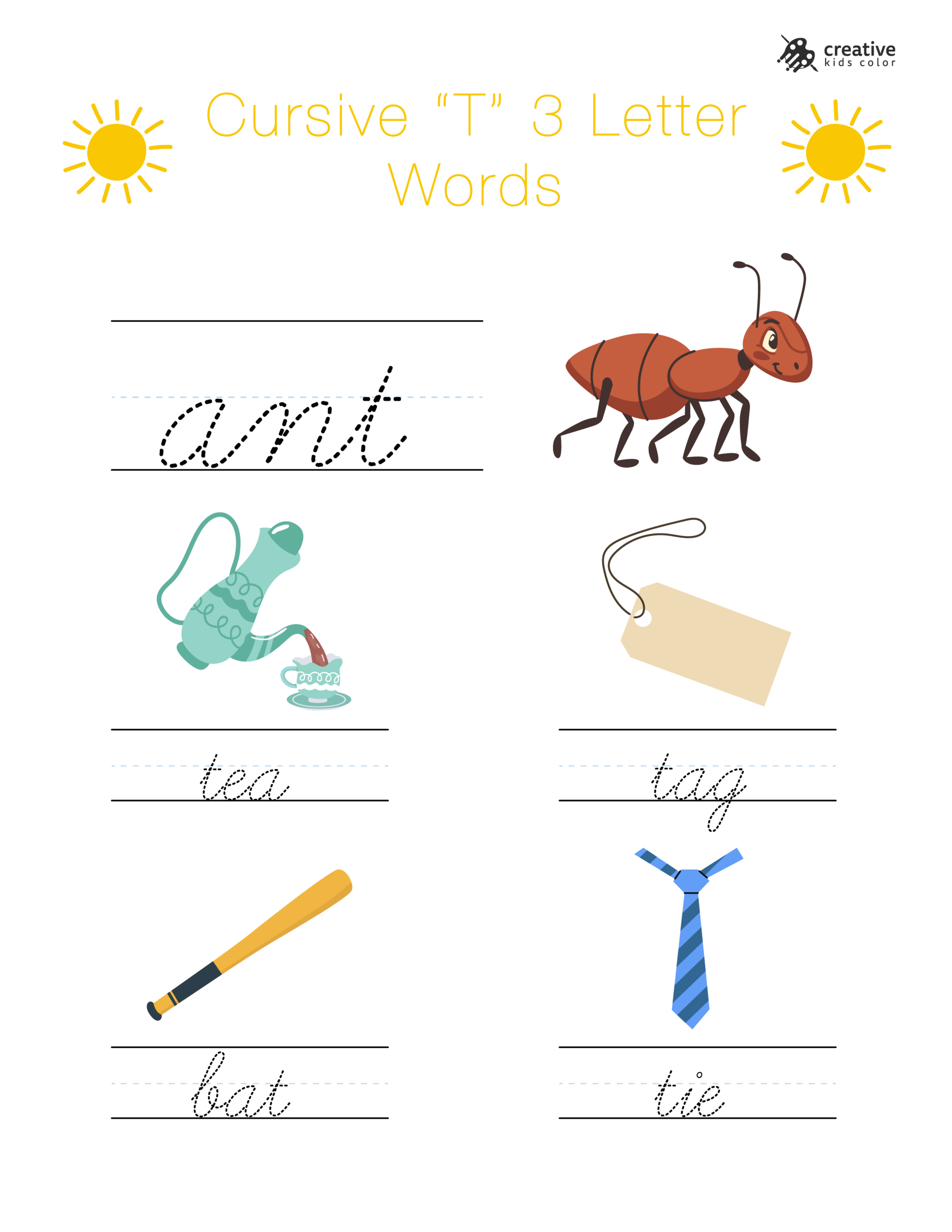 Cursive T Worksheet Featuring Three Letter Words Starting With T For Handwriting Skills.