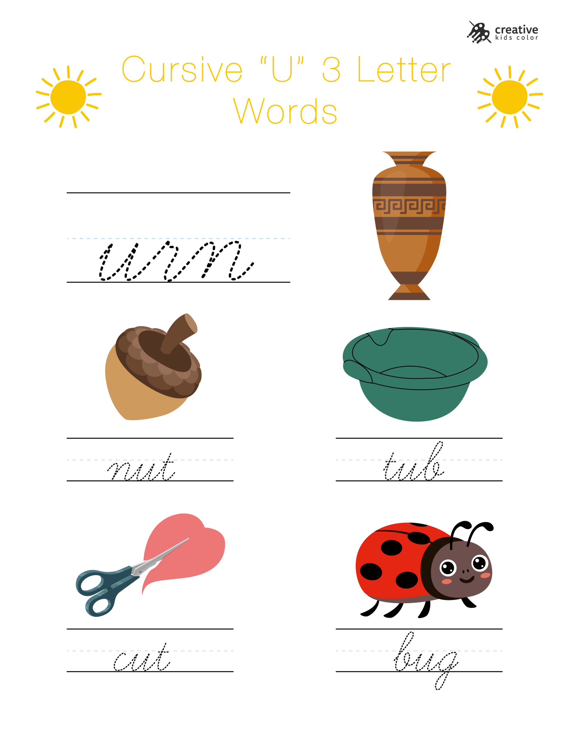 Cursive U Worksheet Featuring Three Letter Words Beginning With U For Writing Practice.