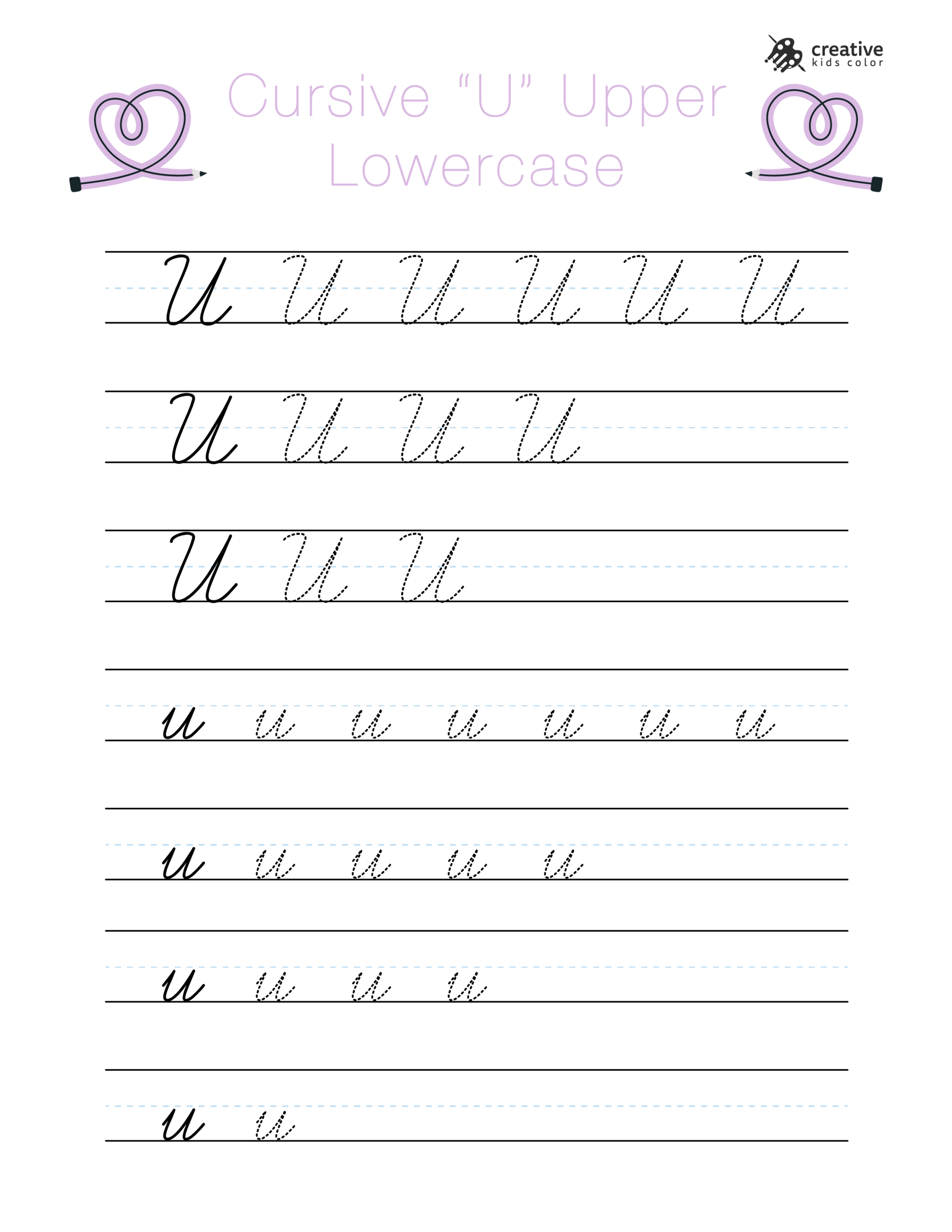 Cursive U Worksheet Showing Uppercase And Lowercase U For Cursive Tracing.