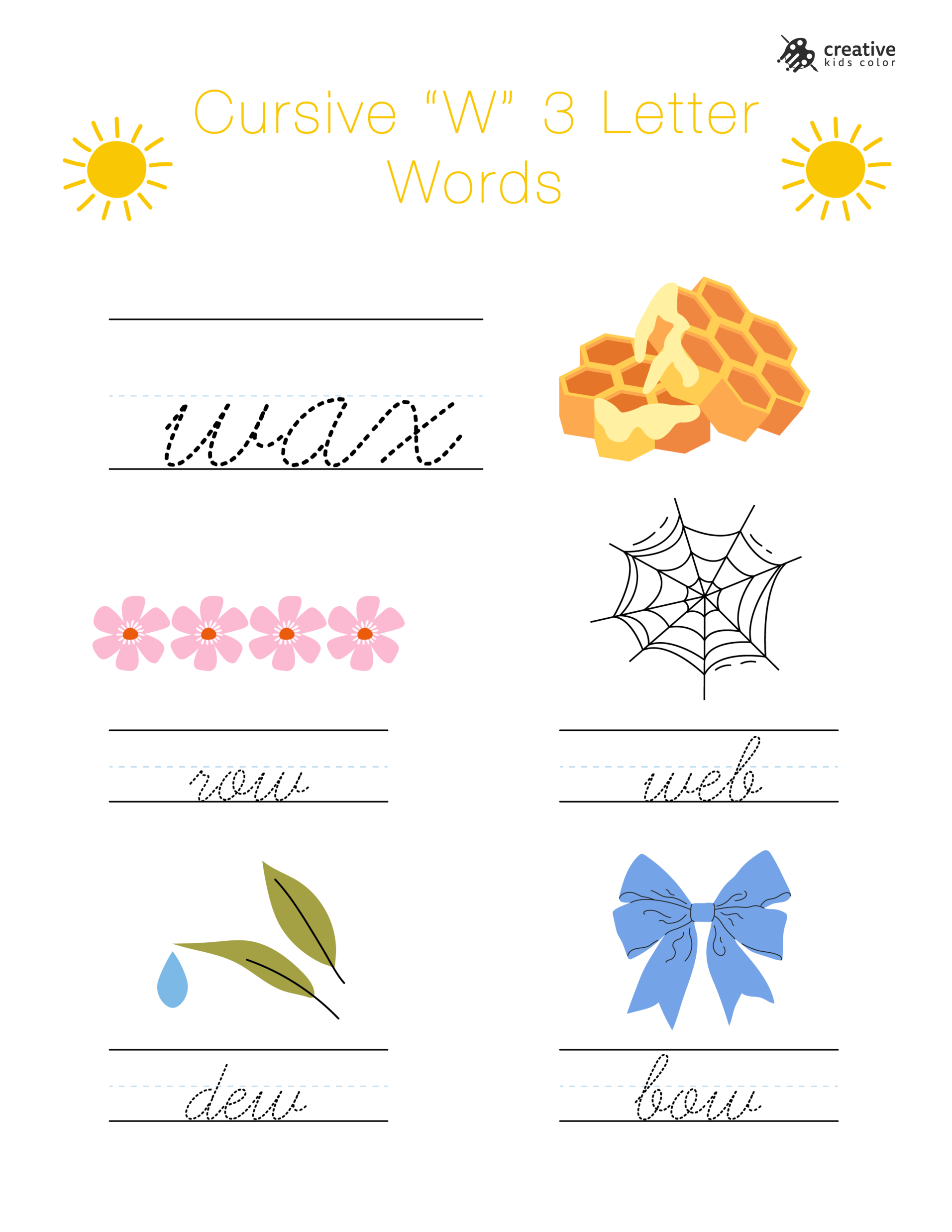 Cursive W Worksheet Featuring Easy Three Letter Words Beginning With W For Handwriting.
