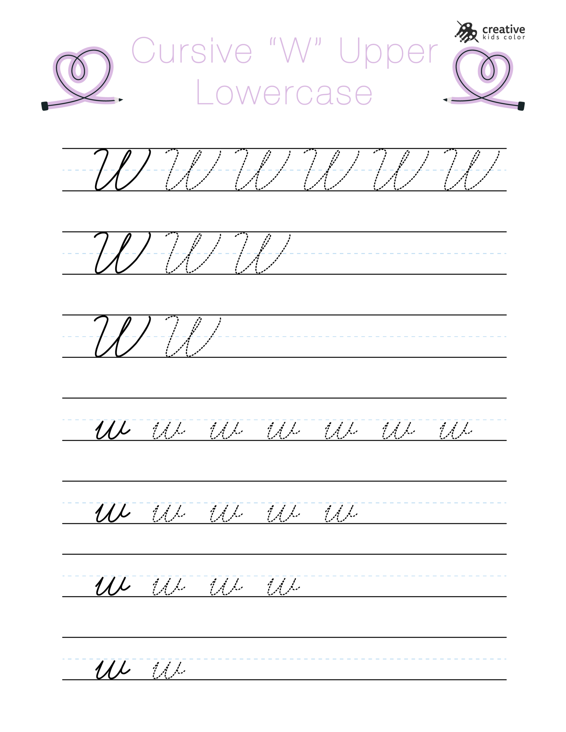 Cursive W Worksheet Showing Uppercase And Lowercase W For Writing Exercises.