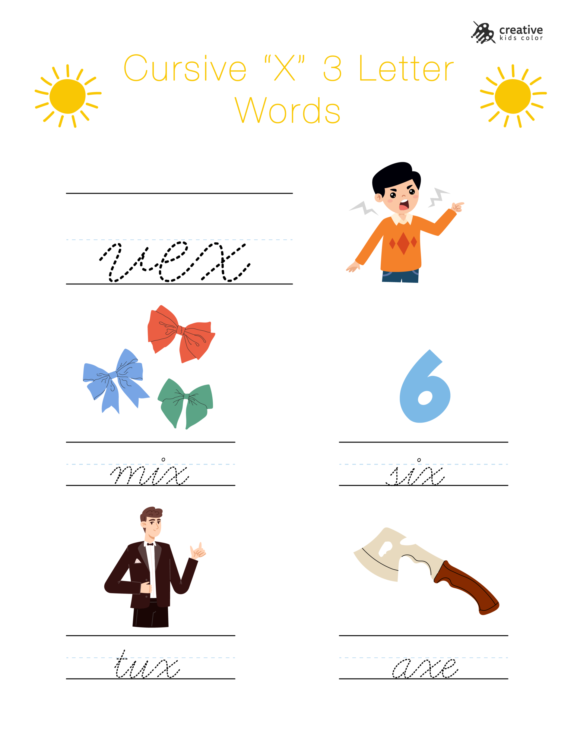 Cursive X Worksheet Featuring Three Letter Words Starting With X For Writing Practice.