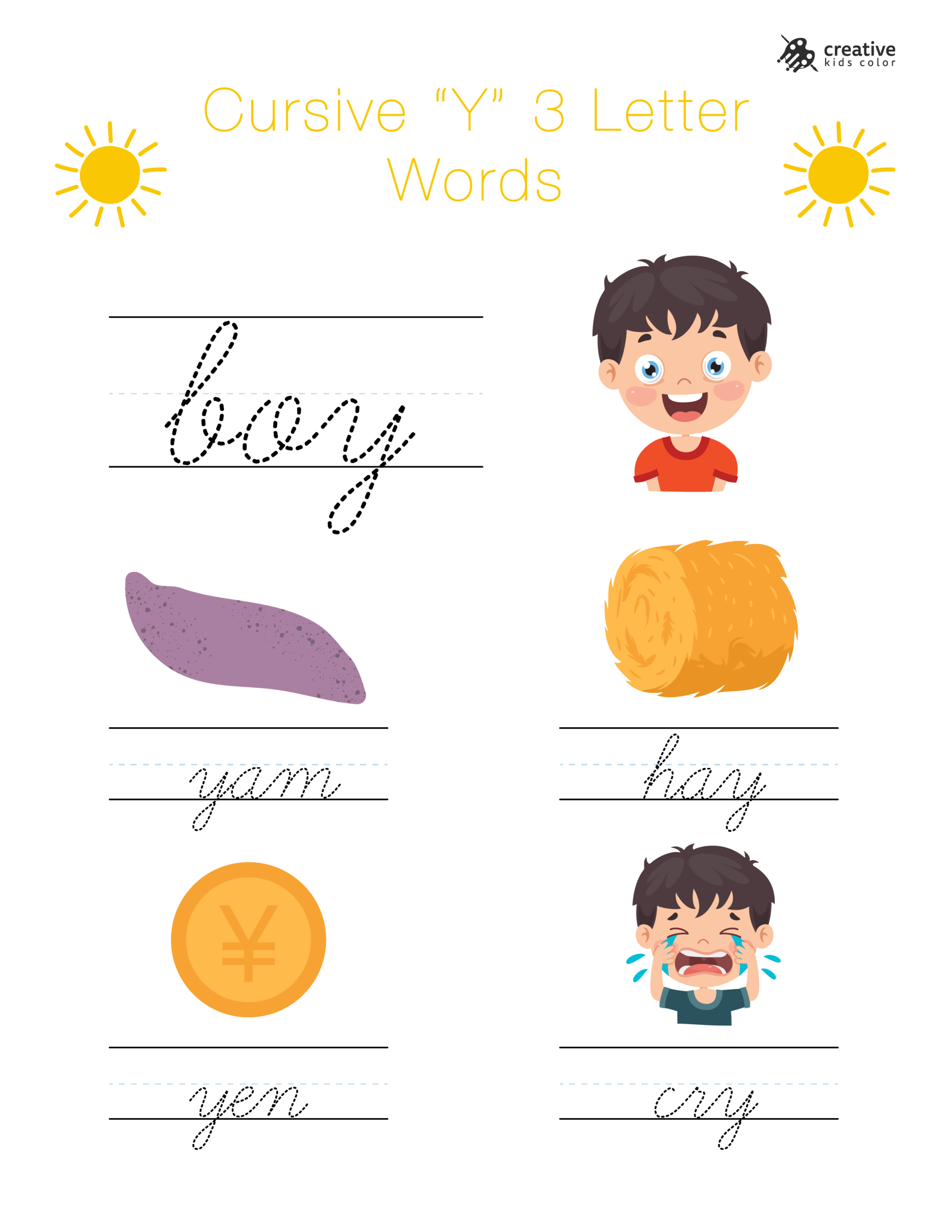 Cursive Y Worksheet Featuring Simple Three Letter Words Beginning With Y For Handwriting.