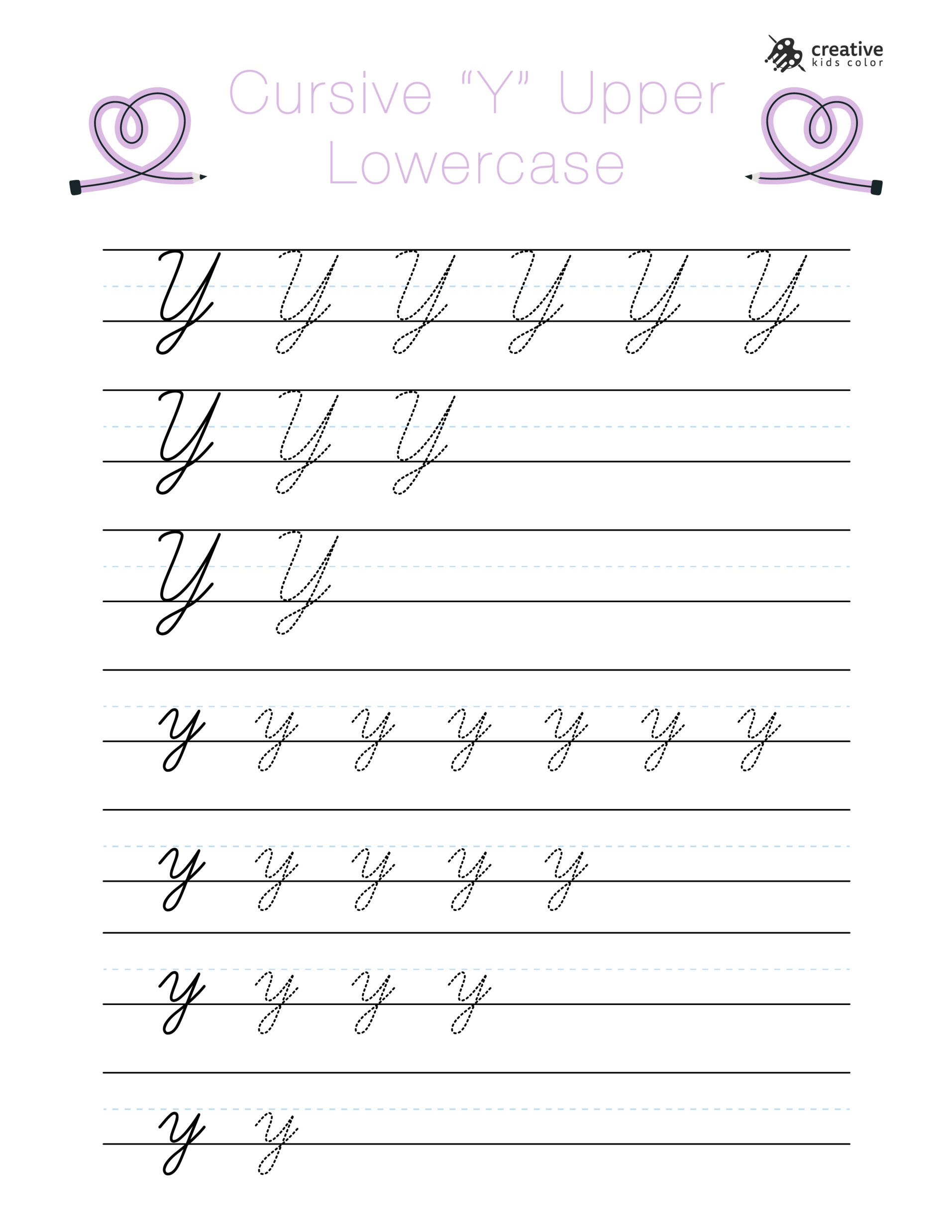 Cursive Y Worksheet Showing Uppercase And Lowercase Y For Writing And Tracing.