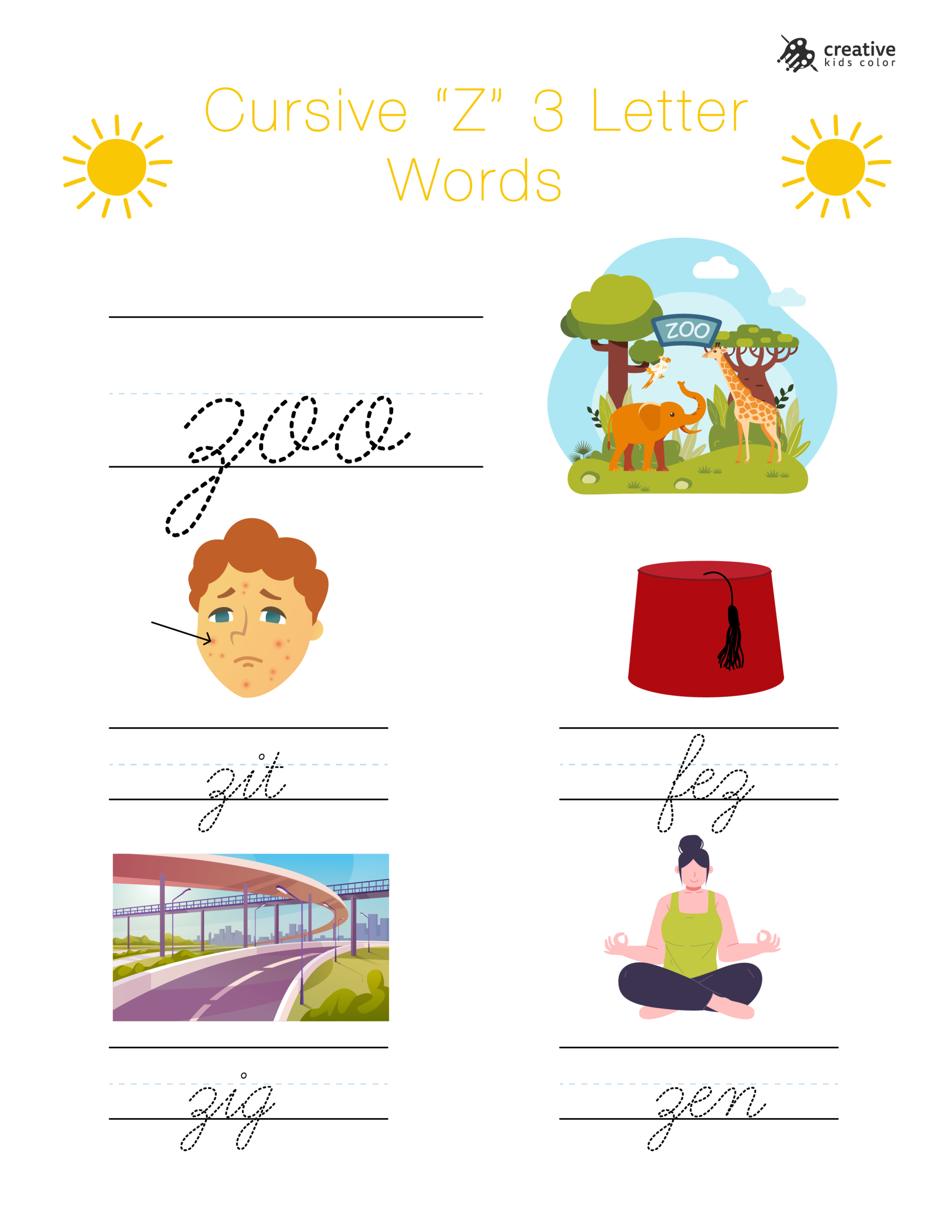 Cursive Z Worksheet With Three Letter Words Beginning With Z For Spelling And Writing.