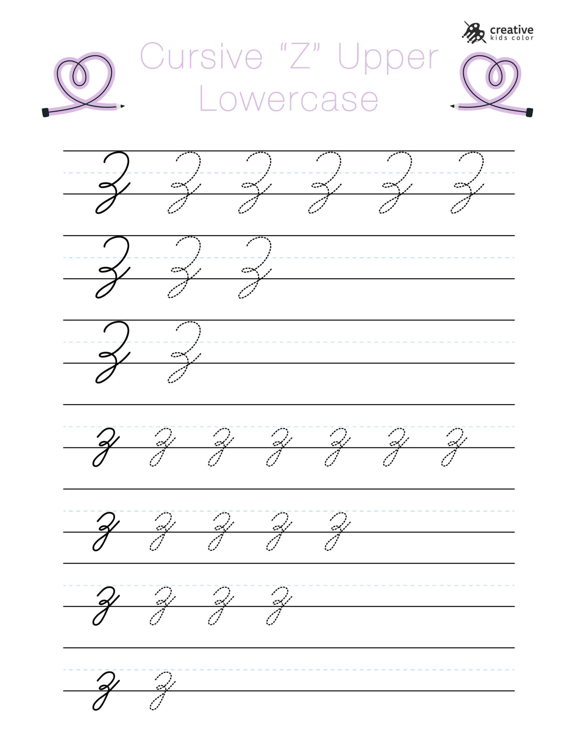Cursive Z Worksheet With Uppercase And Lowercase Z For Cursive Handwriting Practice.