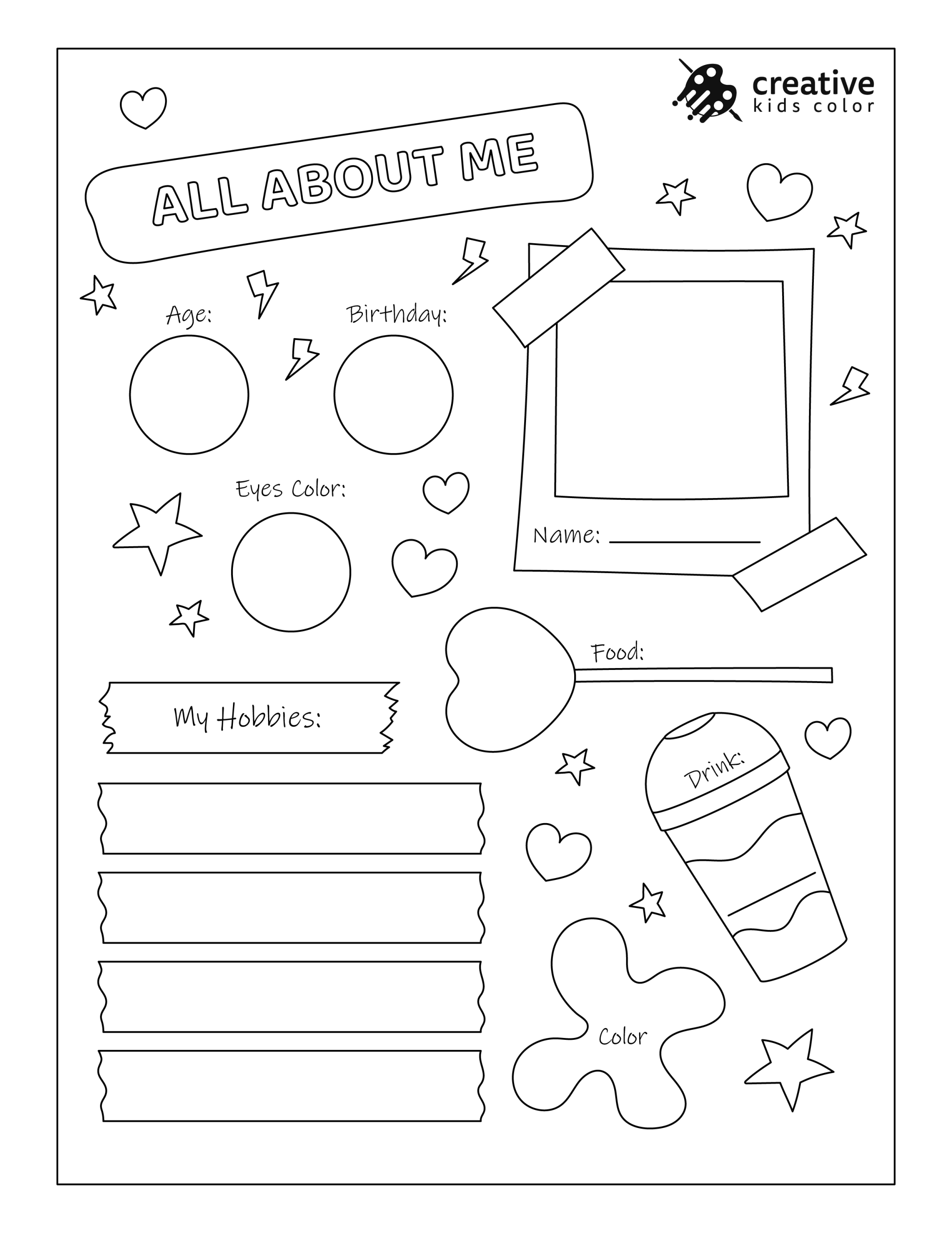 Cute Printable All About Me Worksheet For Girls Decorated With Hearts, Stars, And Fun Prompts.