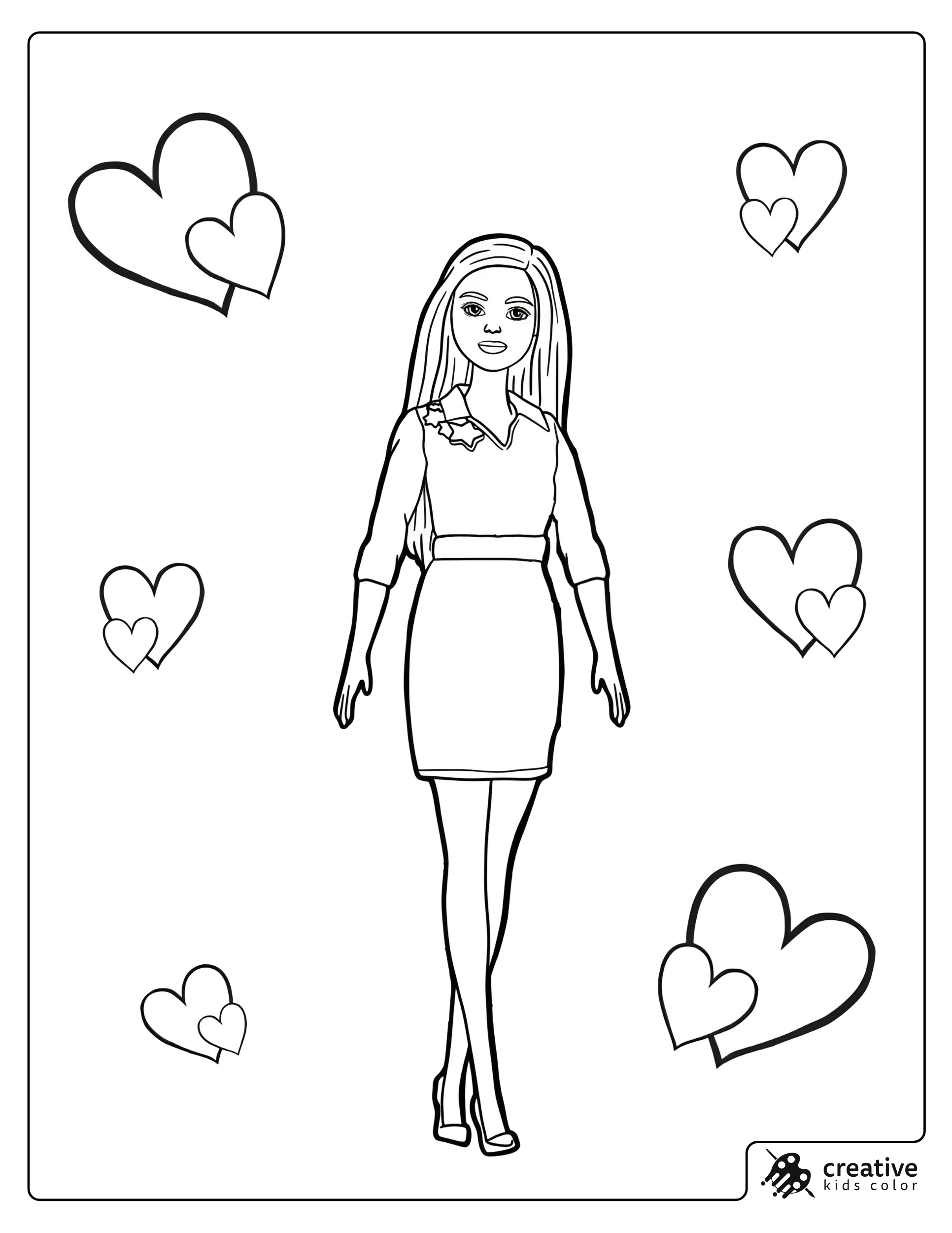 Cute Barbie Coloring Page With Barbie Standing In A Simple Dress Surrounded By Floating Hearts.