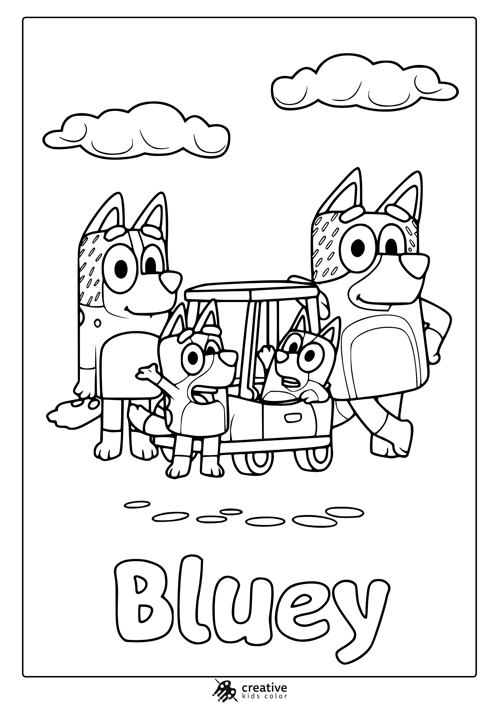 Bluey Coloring Page With Bluey And Family Posing Around A Car, Drawn In A Cute, Cartoon-Style Illustration.