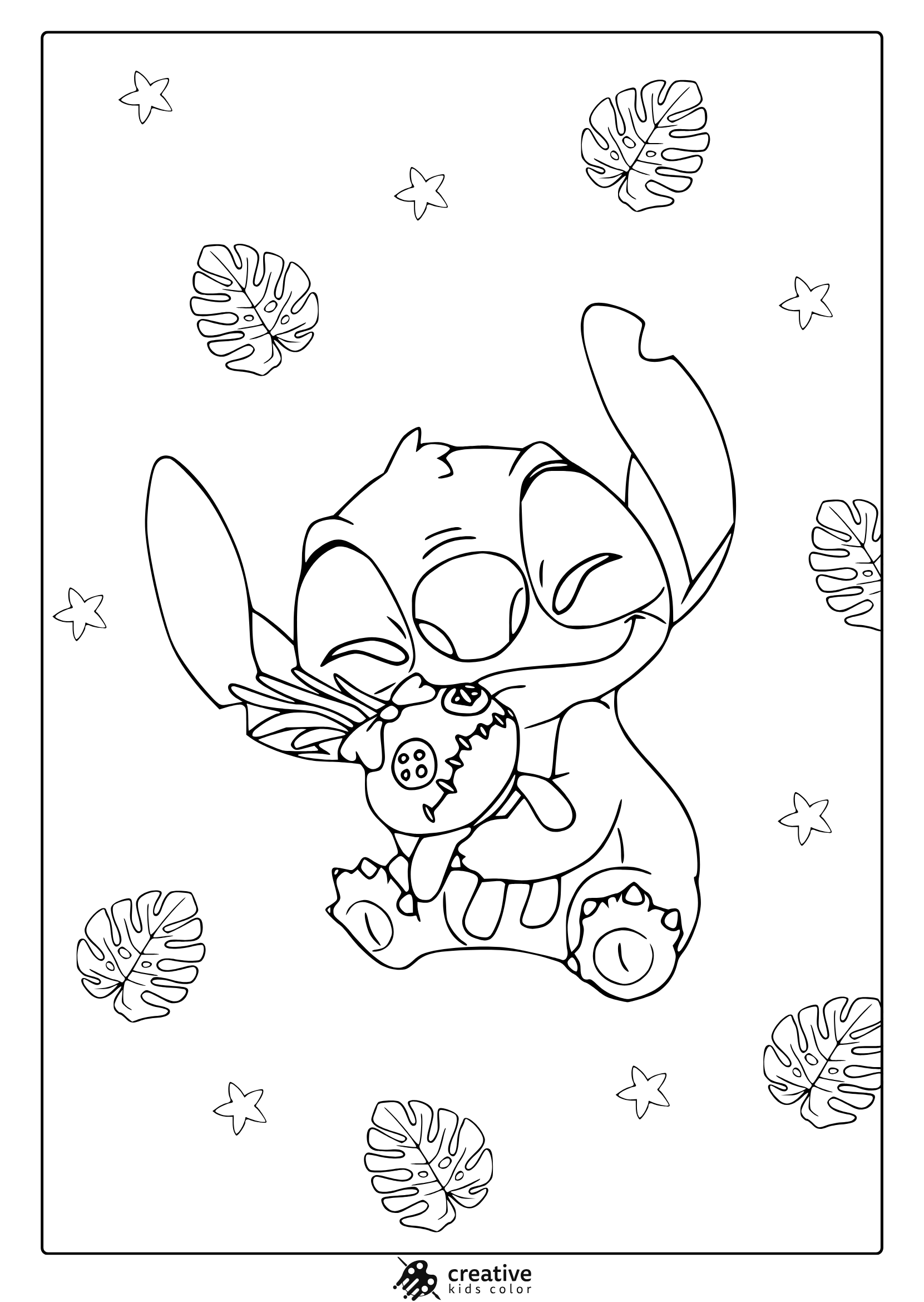 Cute Kawaii Stitch Coloring Page With Plush Toy, Surrounded By Monstera Leaves And Scattered Five-Pointed Stars.