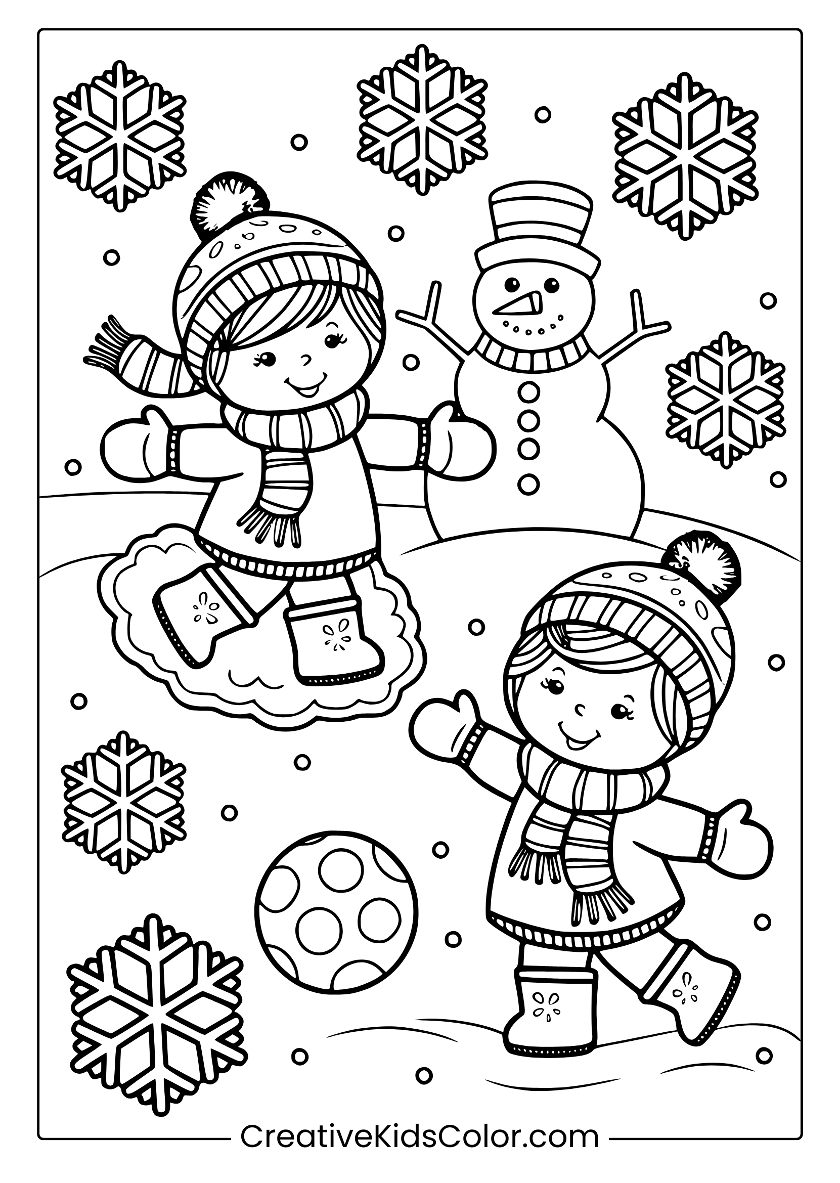 A Playful February Scene With Two Kids And A Snowman, Full Of Winter Fun.