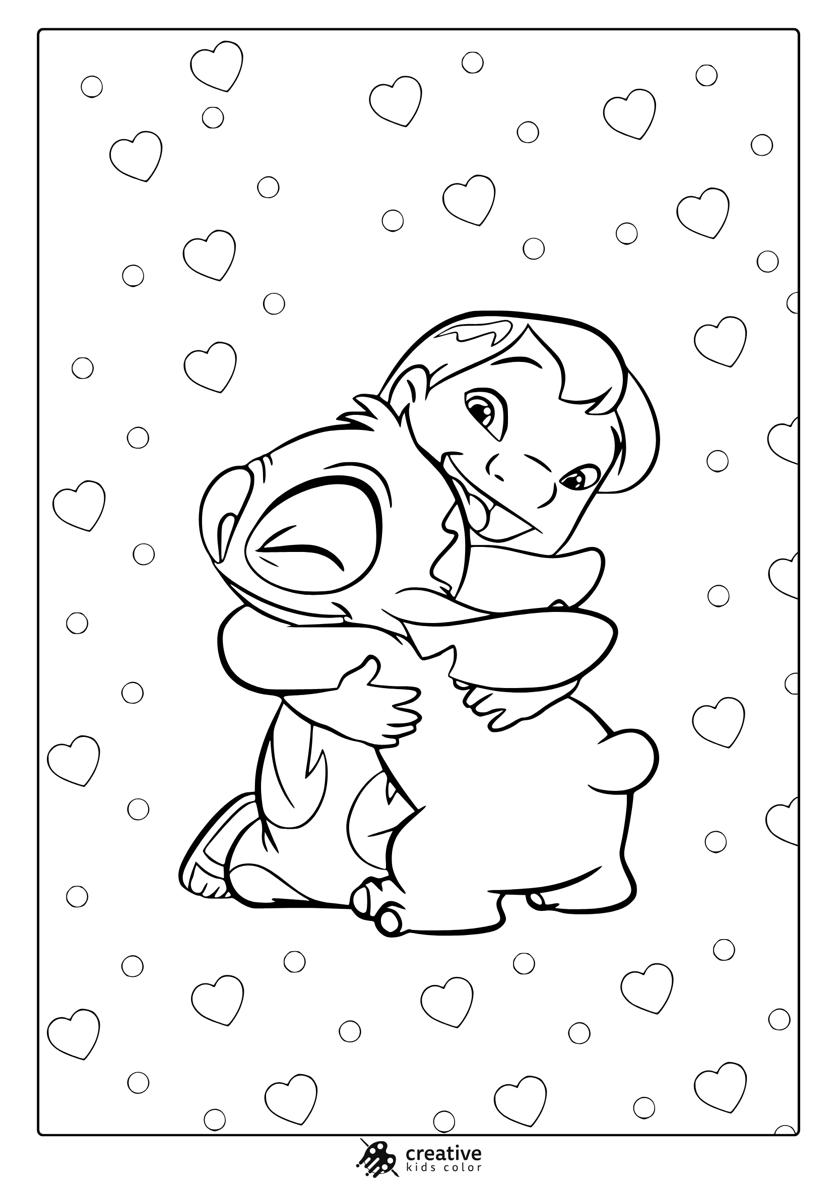 Cute Lilo And Stitch Coloring Page Featuring Hugging Scene With Heart And Circle Decorations In A Simple Cartoon Style.