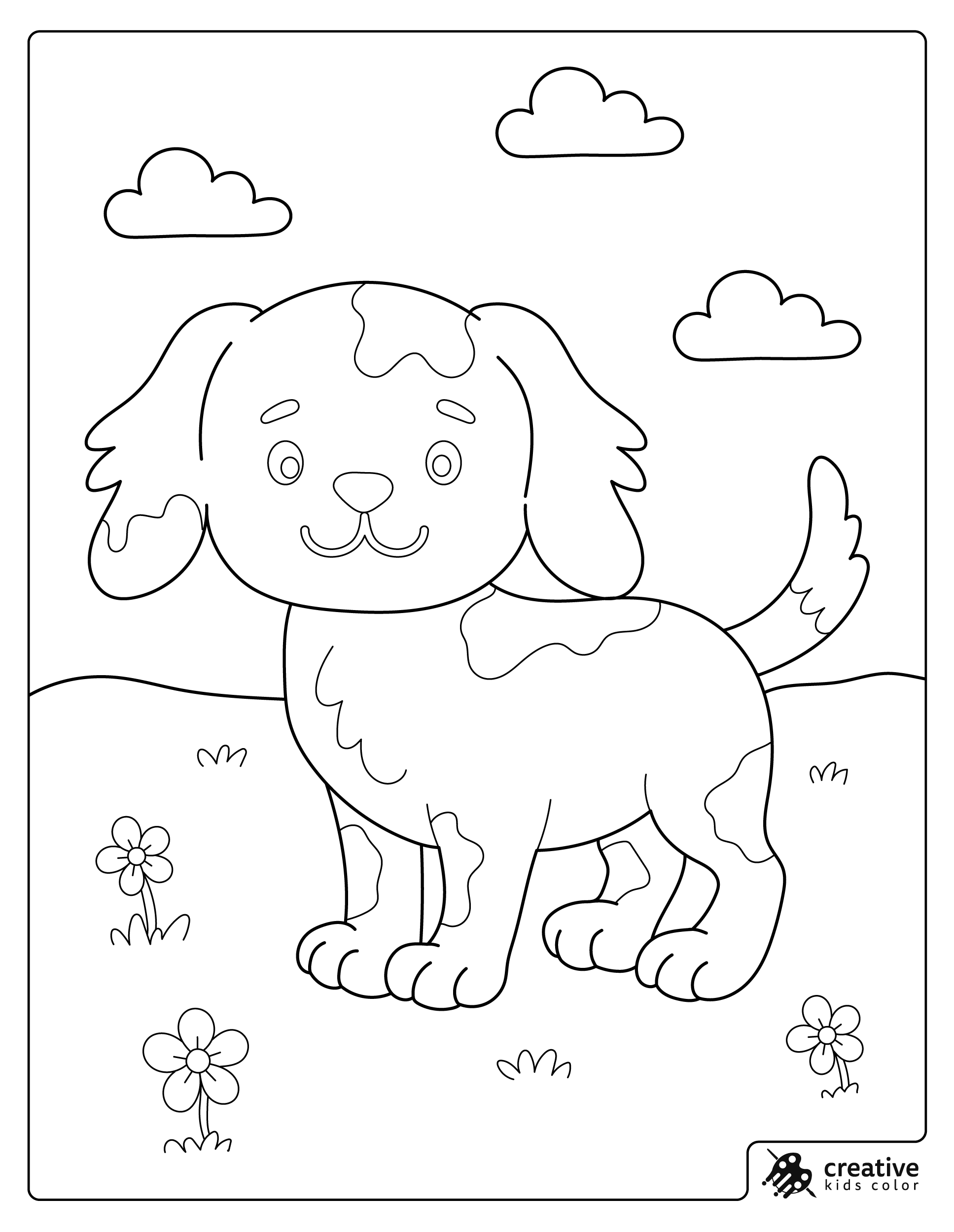 Puppy Coloring Page Showing A Small Dog Standing On Grassy Hills With Flowers Around.