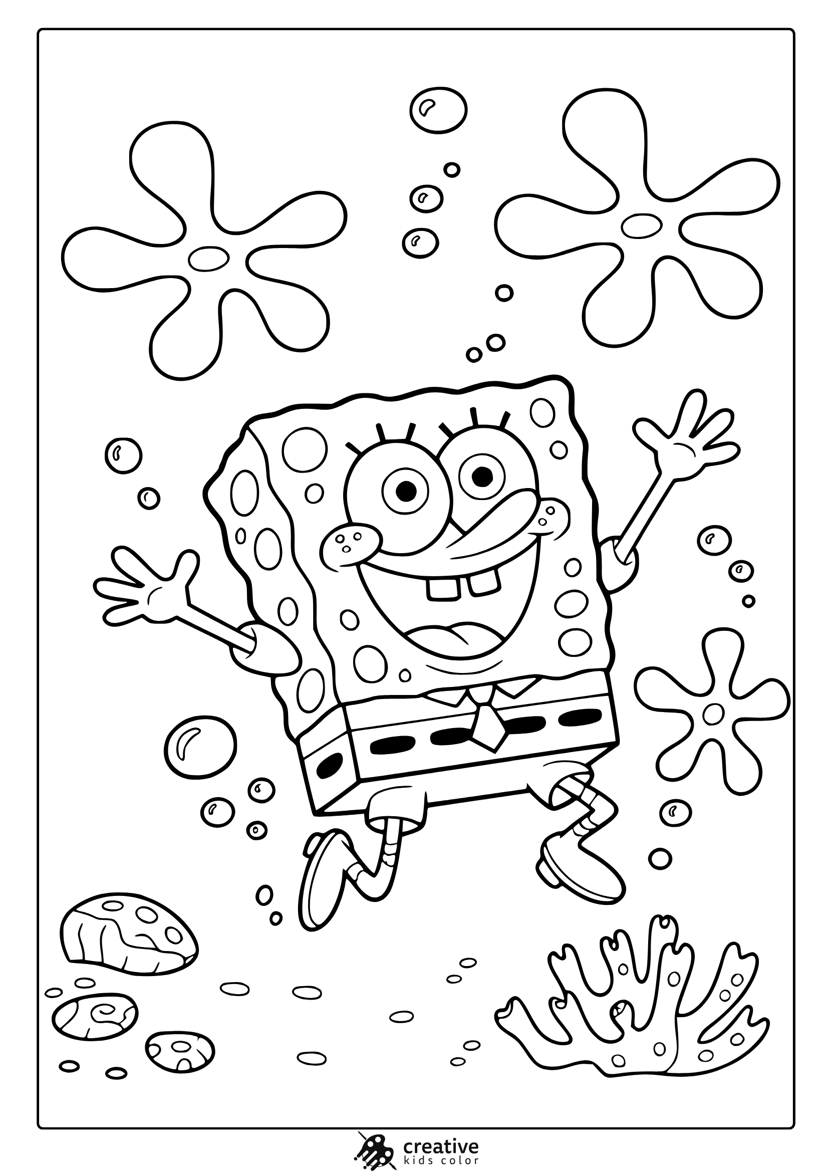 Cute Spongebob In A Joyful Coloring Page With Starfish, Bubbles, Coral, And Underwater Rocks.