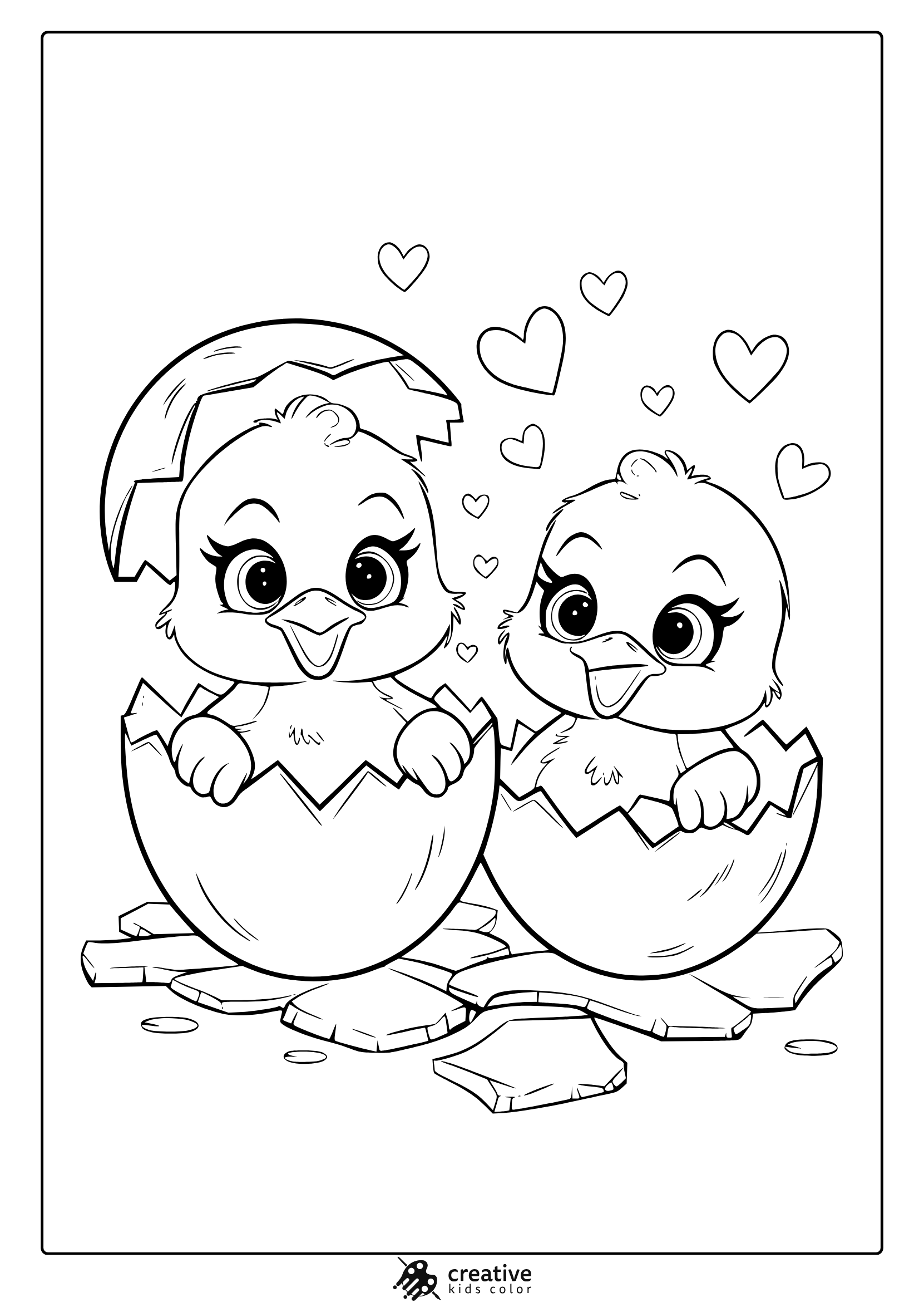 Spring Coloring Page Featuring Cute Hatching Chicks With Broken Eggshells And Hearts, Perfect For A Fun And Festive Activity.