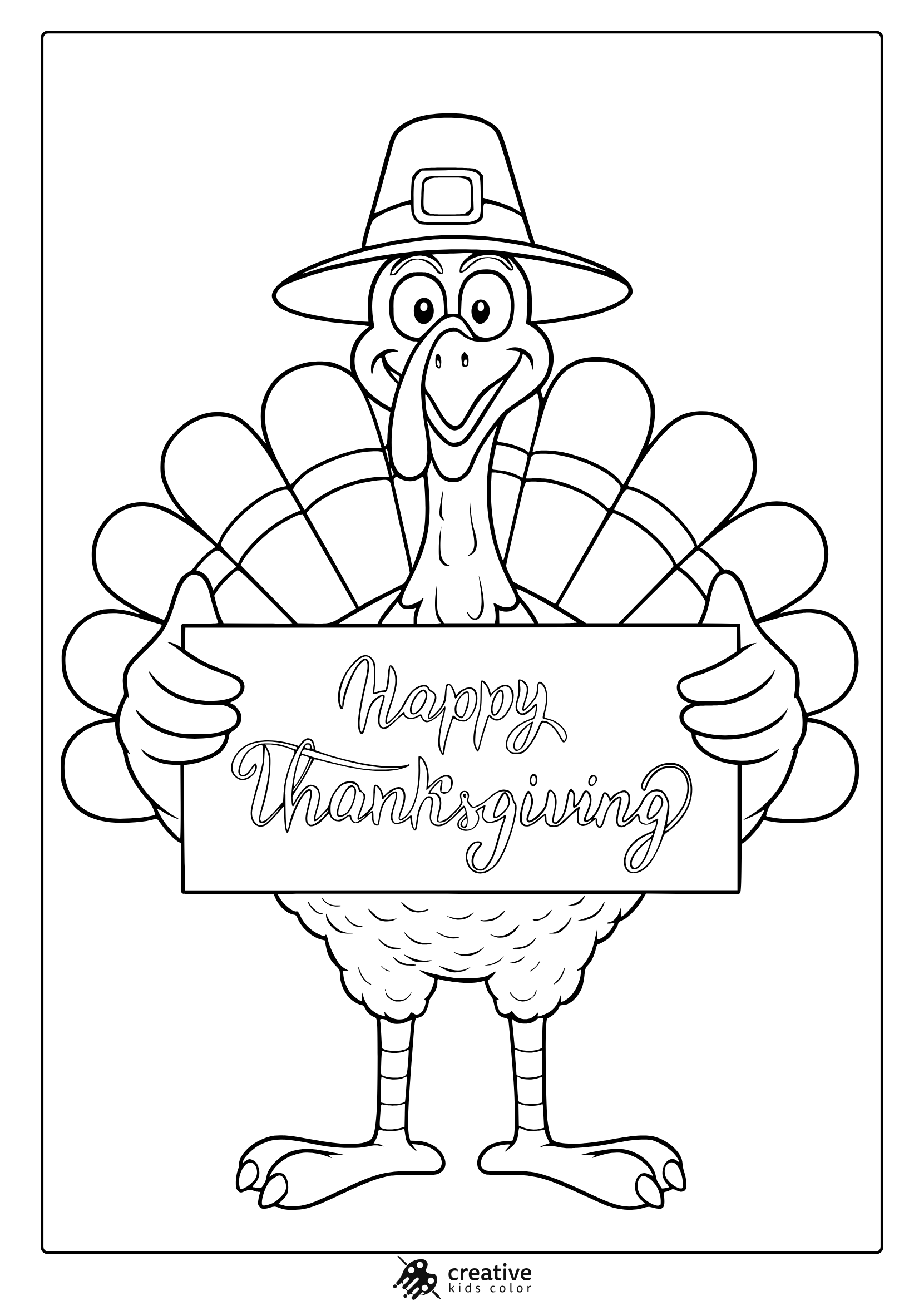 Cute Thanksgiving turkey coloring page with pilgrim hat, sign, and feather fan design.