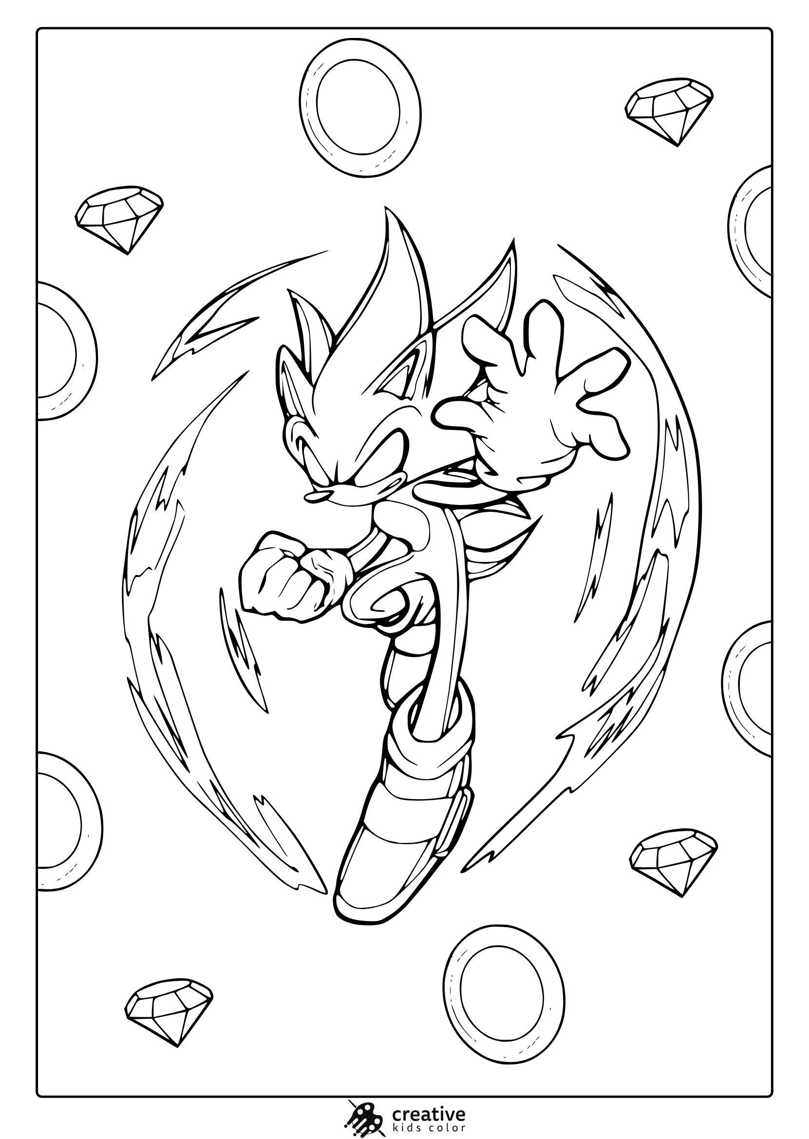 Coloring Page With Dark Sonic In Action Pose With Coins And Diamond Shapes Around.