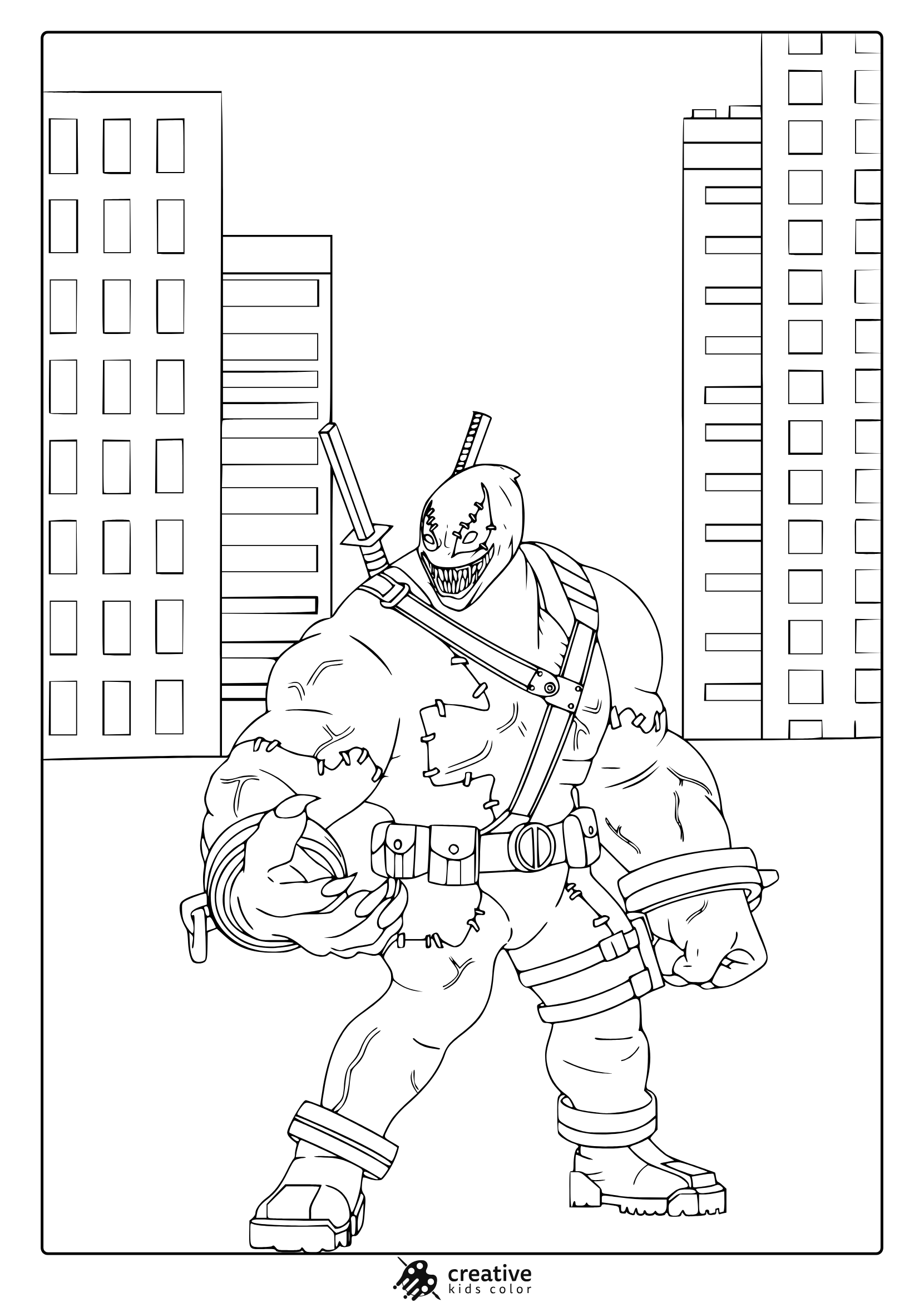 Deadpool Venom Coloring Page Featuring A Muscular Hybrid Figure In Tactical Gear Against An Urban Skyscraper Backdrop.