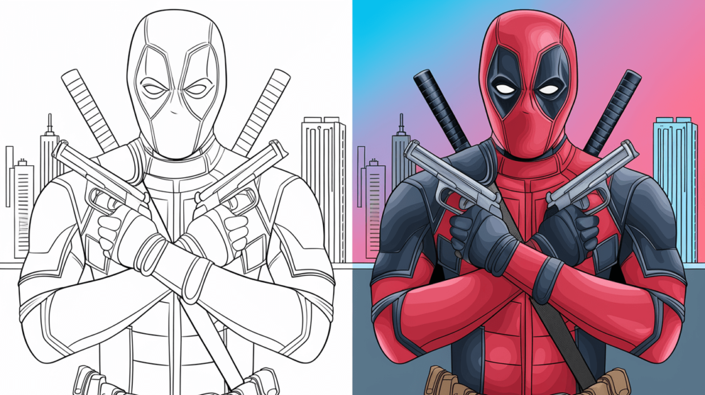 Deadpool Coloring Page Cover, The Left Side Is Black And White, And The Right Side Is Colored With A Fun, Action-Packed Scene.