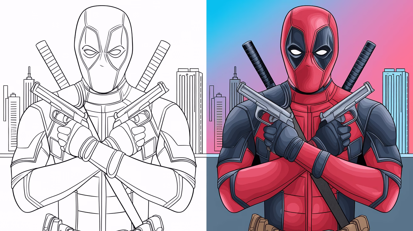 Deadpool Coloring Page Cover, The Left Side Is Black And White, And The Right Side Is Colored With A Fun, Action-Packed Scene.
