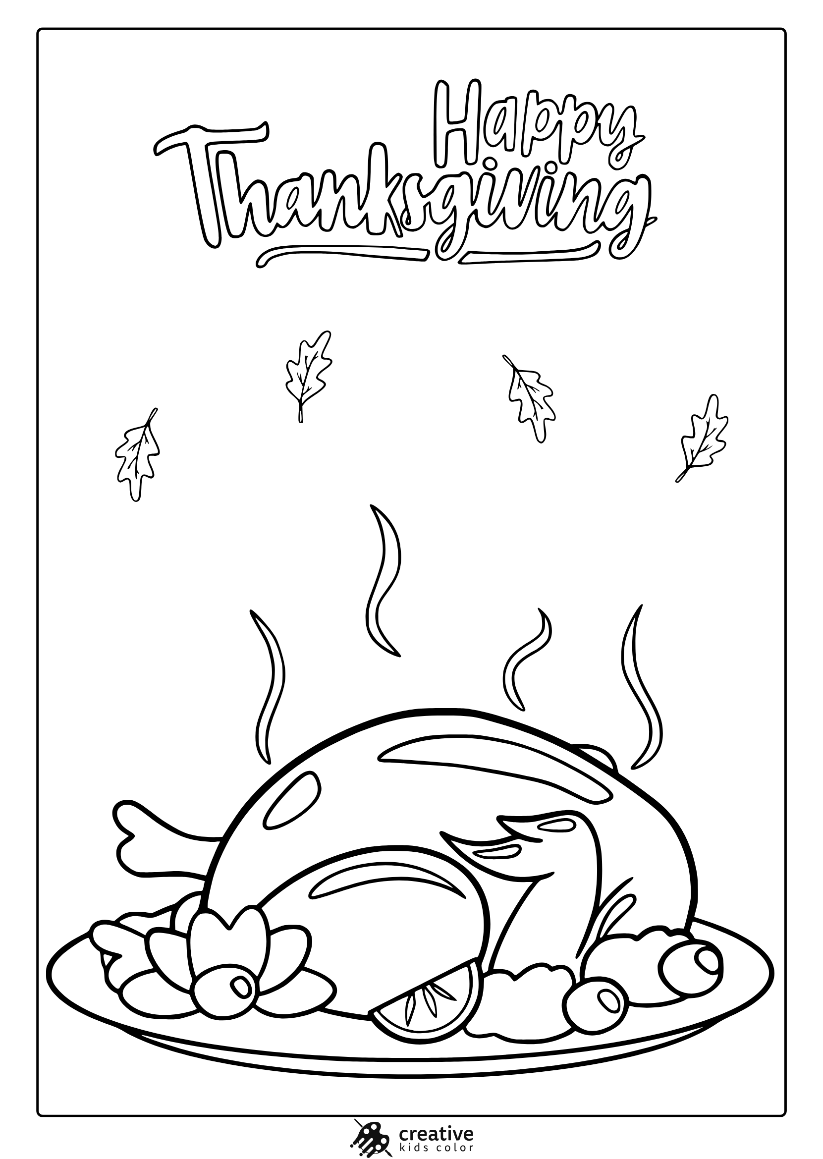 Delicious Thanksgiving turkey coloring page with platter, garnishes, and Happy Thanksgiving text.