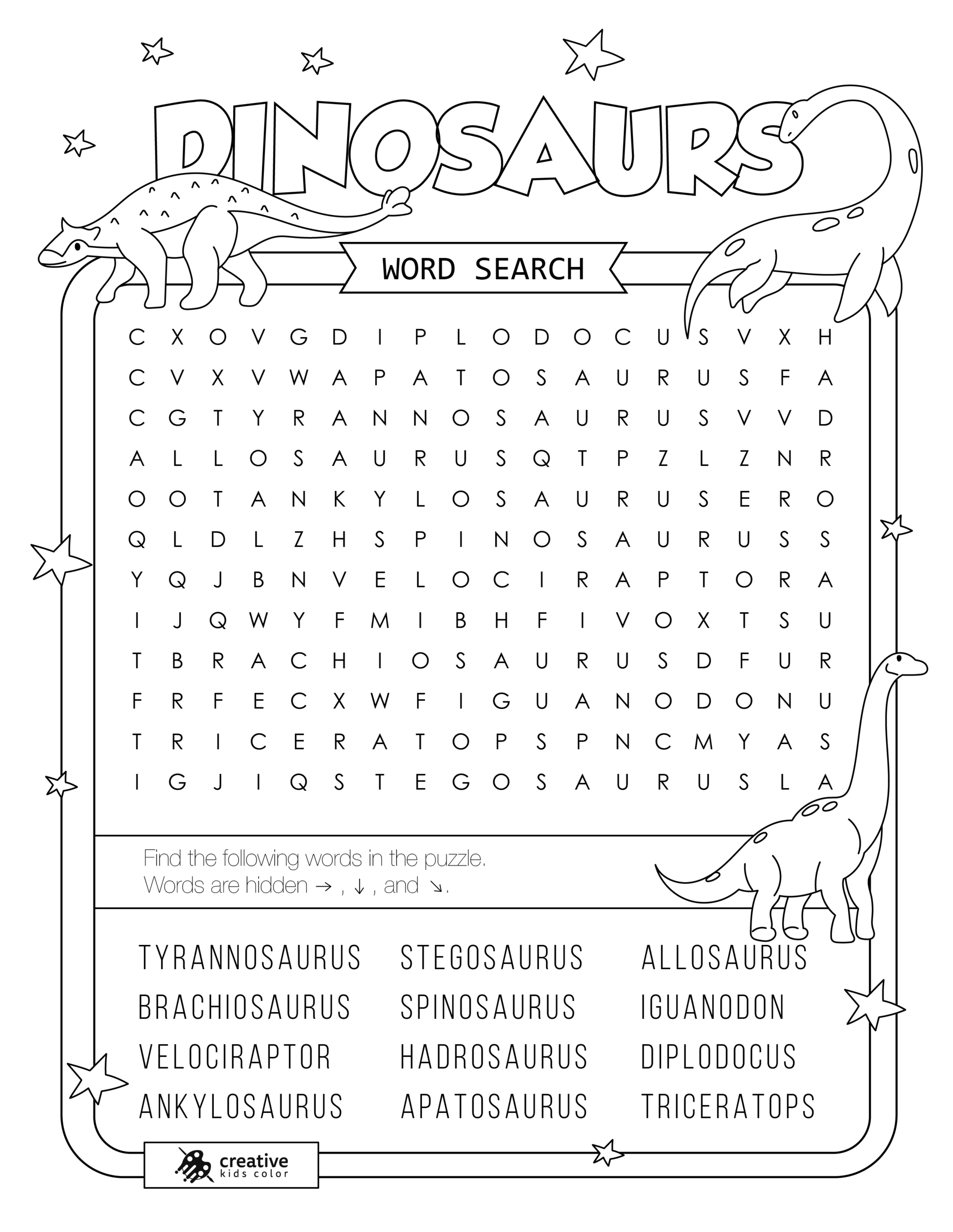 Free printable Dinosaurs word search puzzle with 12 dinosaurs from tyrannosaurus to triceratops.