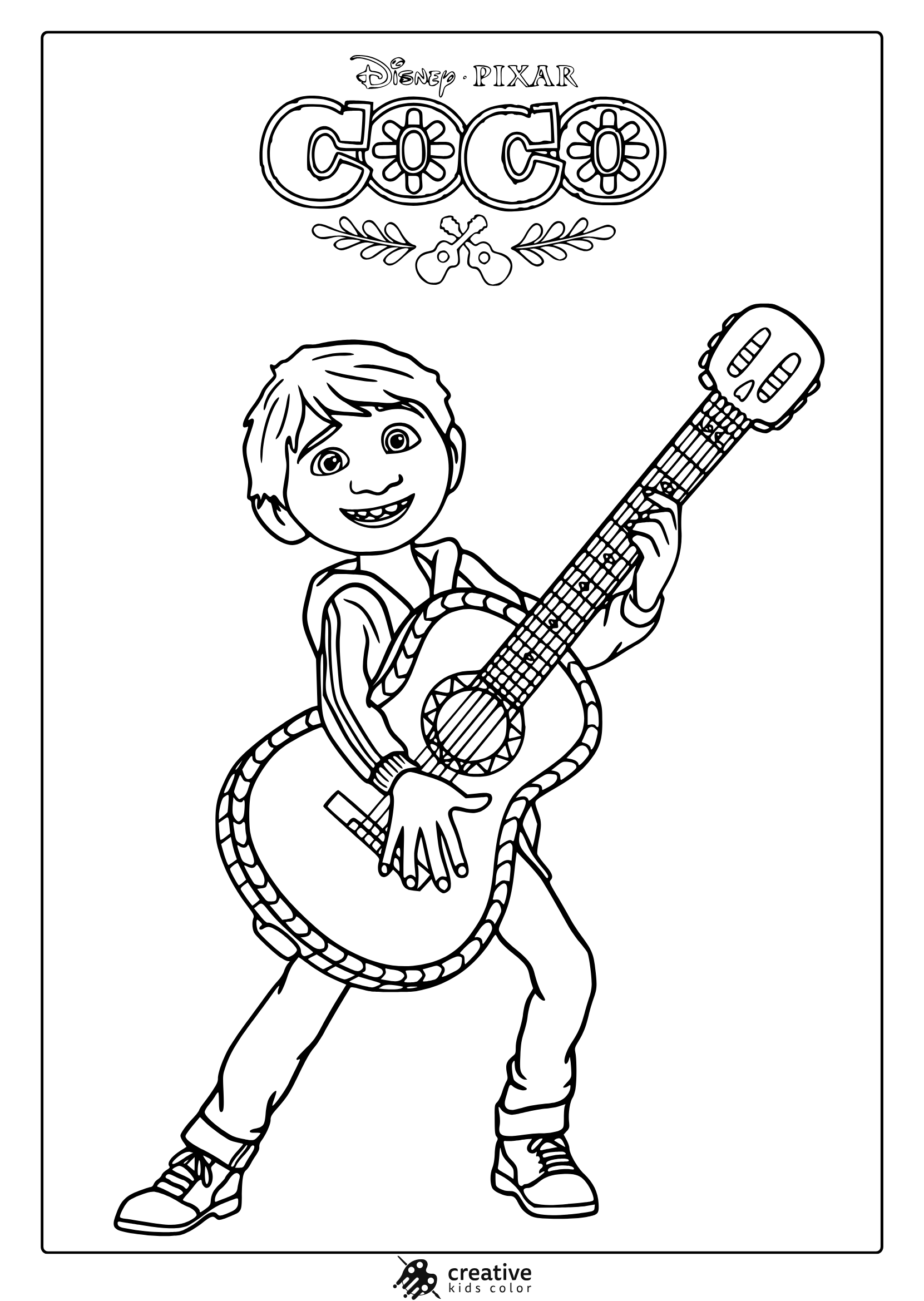 Miguel Coco Coloring Page Playing Guitar.