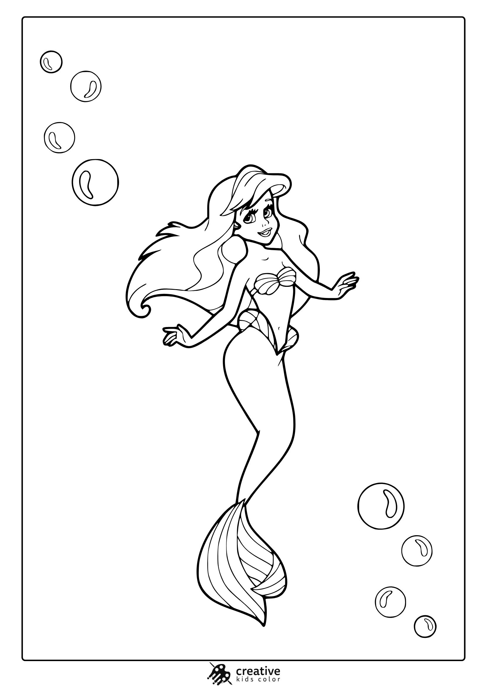 Coloring Page Featuring Ariel From The Little Mermaid With Long Hair And A Fish Tail In A Bubbly Scene.