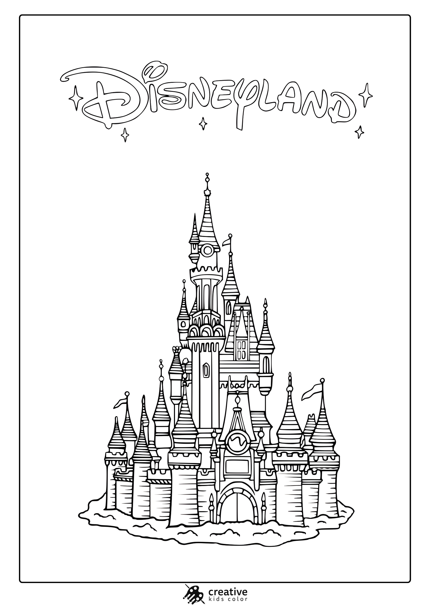 Coloring Page Of The Disneyland Castle With Spires, Towers, And Whimsical Architectural Details.