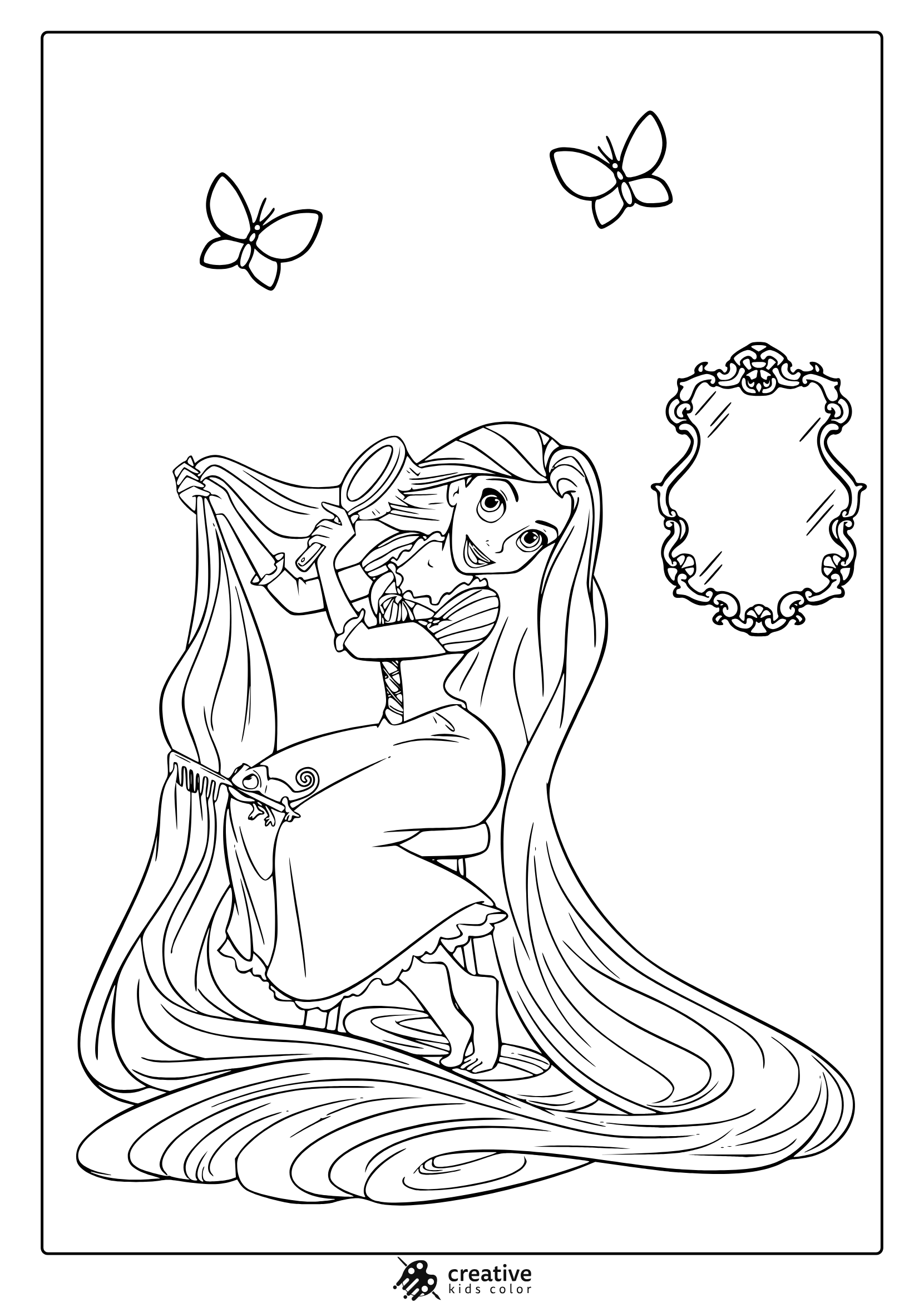 Coloring Page Of Rapunzel Holding A Magnifying Glass With Butterflies And An Ornate Mirror Frame.